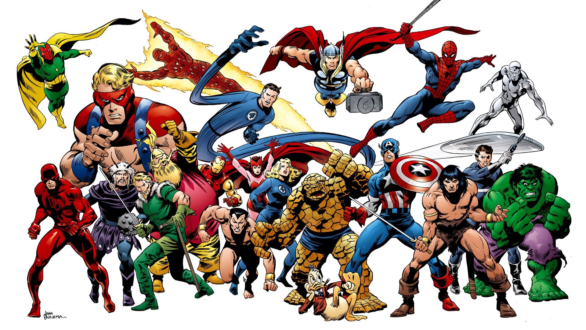 1920x1080 Phone wallpaper: Comics, Collage, Captain America, Flash, Hulk, Human Torch (Marvel Comics), Iron Man, Mister Fantastic, Scarlet Witch, Silver Surfer, Spider Man, Thing (Marvel Comics), Thor 586964