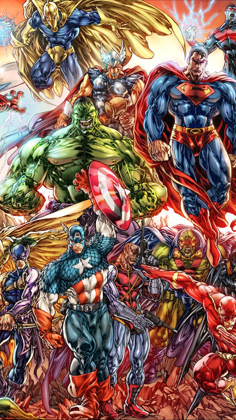 750x1334 Phone wallpaper: Batman, Thor, Comics, Collage, Nightwing, Superman, Daredevil, Moon Knight, Thing (Marvel Comics), Hulk, Wolverine, Spider Man, Green Lantern, Dc Comics, Flash, Captain America, Iron Man 1212938