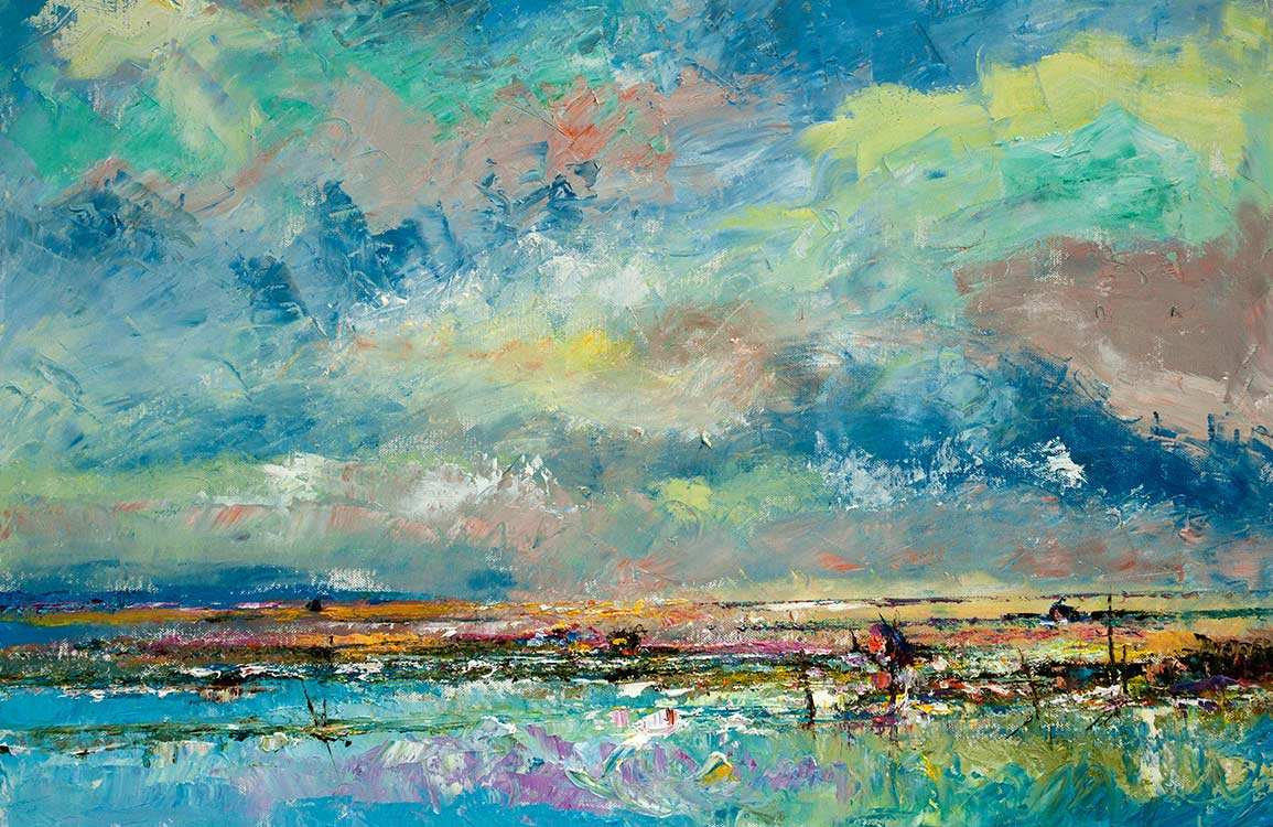 1155x750 Abstract Coastal Landscape Mural Wallpaper in Vibrant Blue and Green Hues
