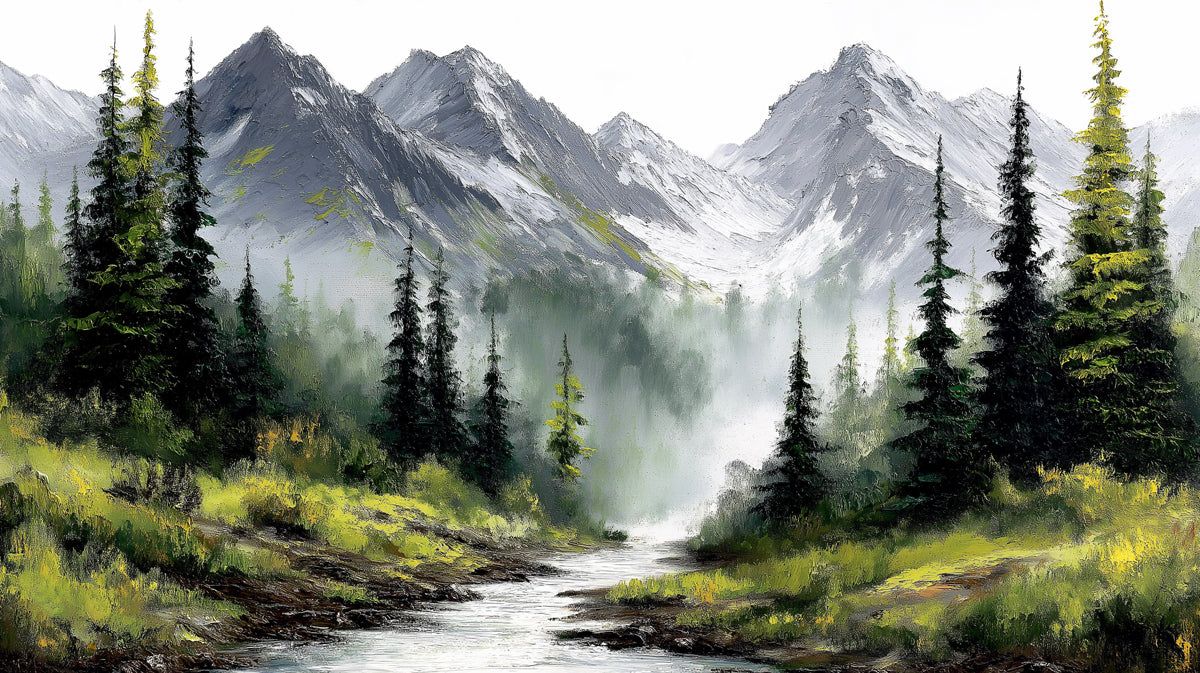 1200x673 Alpine Mist Mountain Landscape Mural Wallpaper