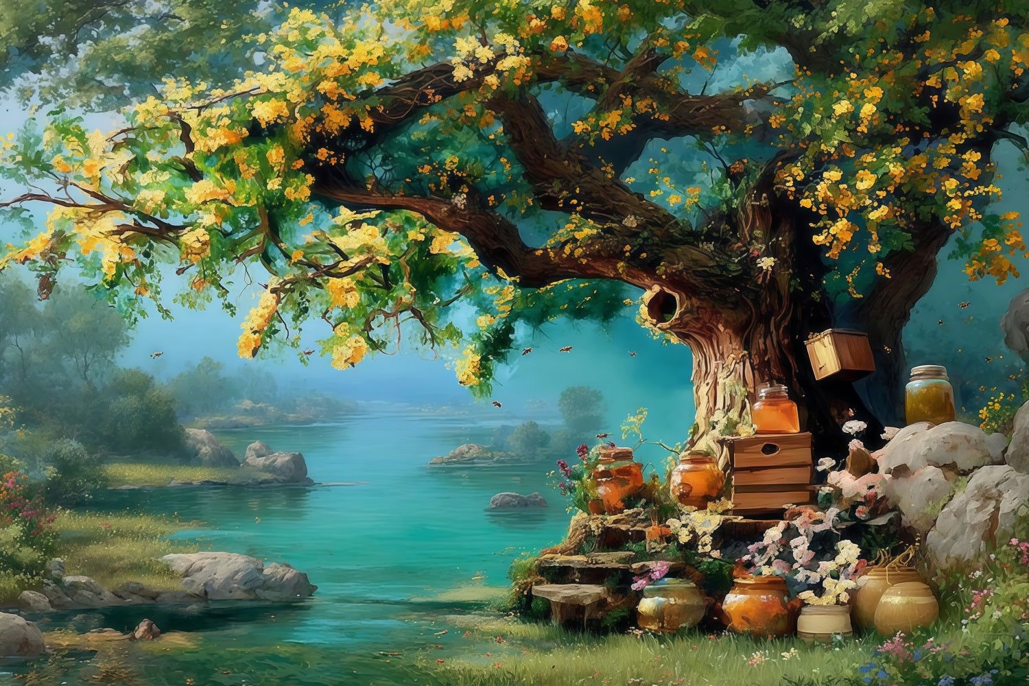 1500x1000 Oil Painting Backdrop Golden Honey Tree Riverside Garden Fine Art Backdrop MRR9 64