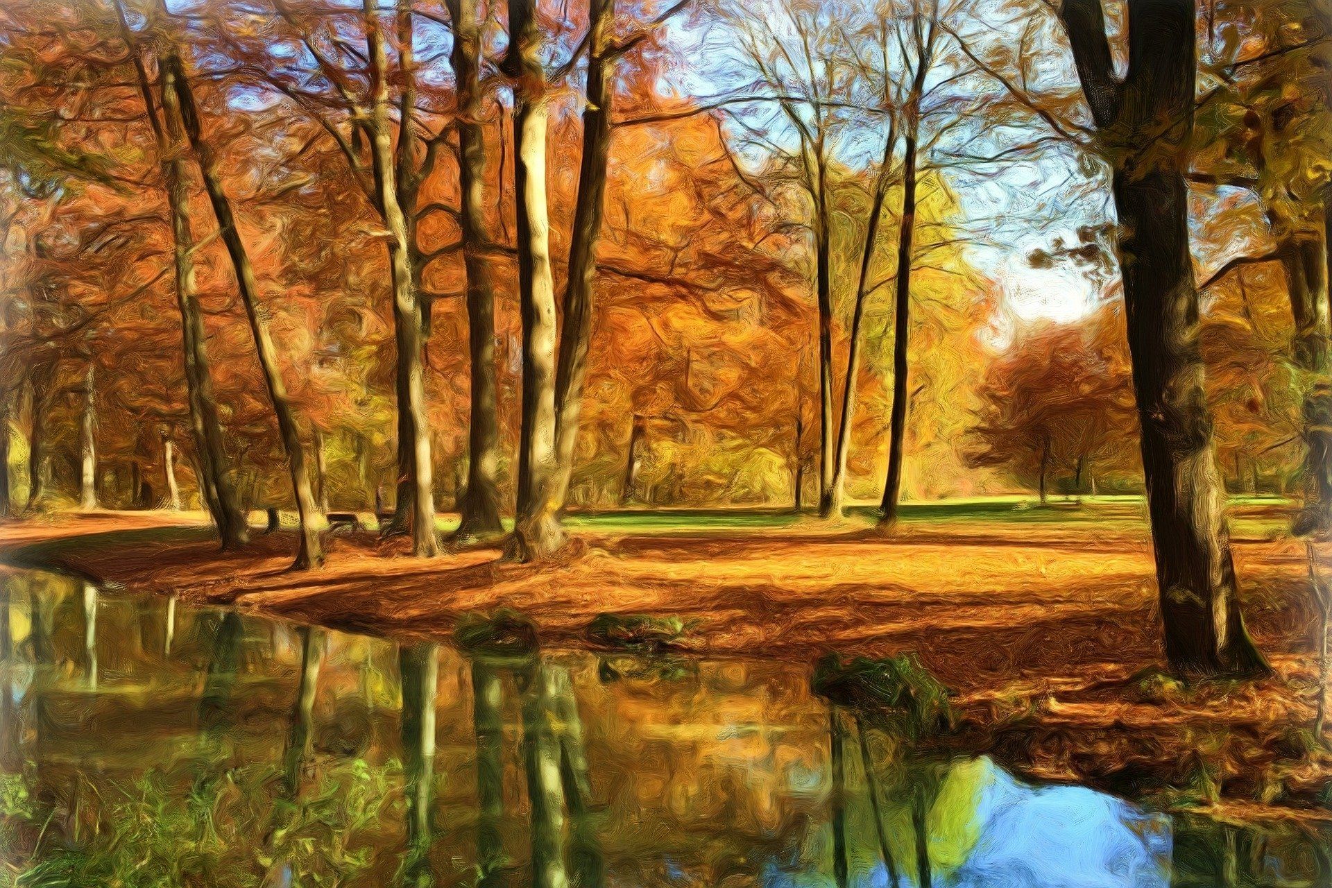 1920x1280 Download Painting Oil Painting Reflection Tree Nature Park Artistic Landscape HD Wallpaper