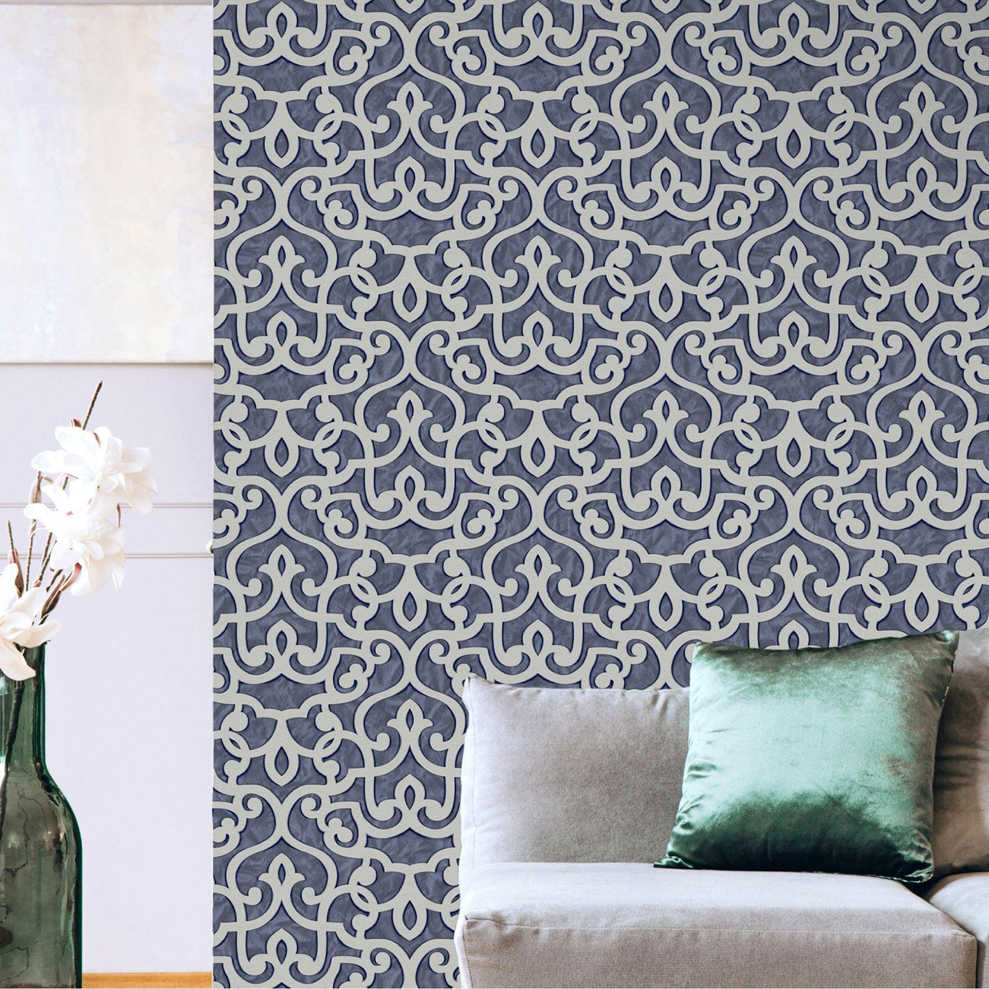 2000x2000 Adawall Wallpaper Store in Houston Blue Lace Trellis Wallpaper, Shiny Silver Gold Patterns Faded Colors Damask Design