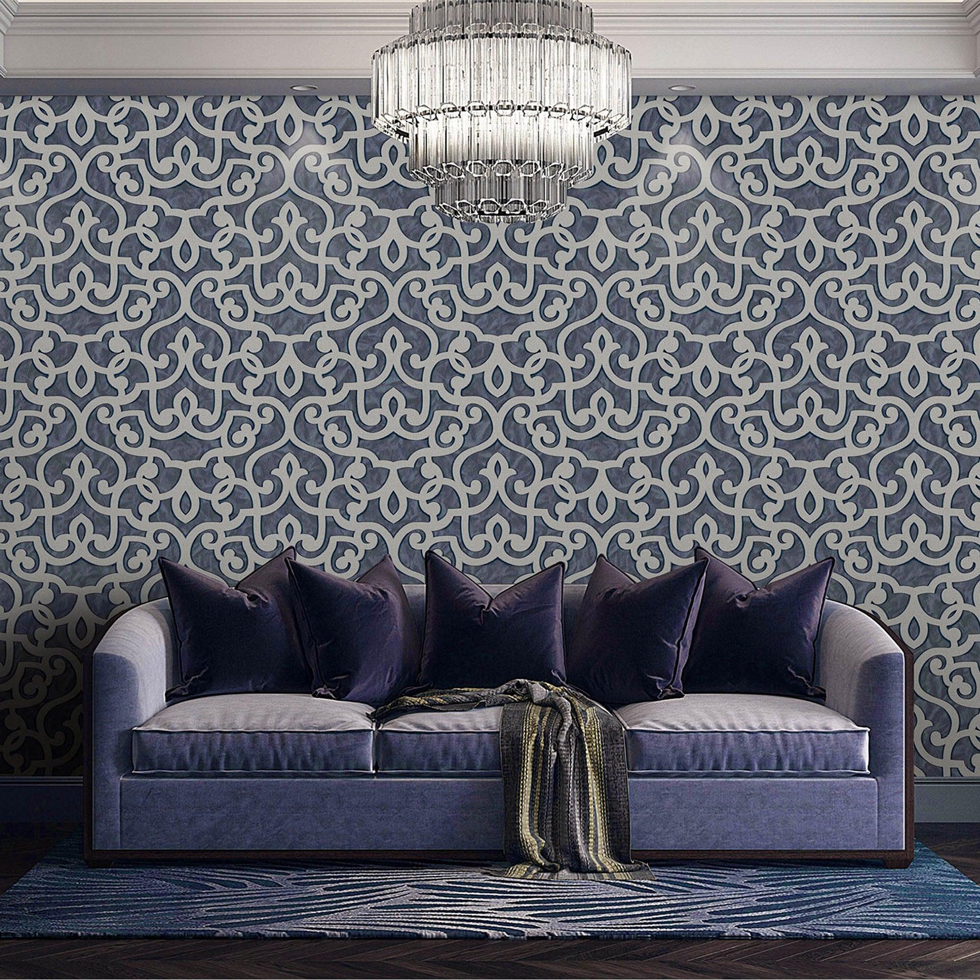 2000x2000 Adawall Wallpaper Store in Houston Blue Lace Trellis Wallpaper, Shiny Silver Gold Patterns Faded Colors Damask Design