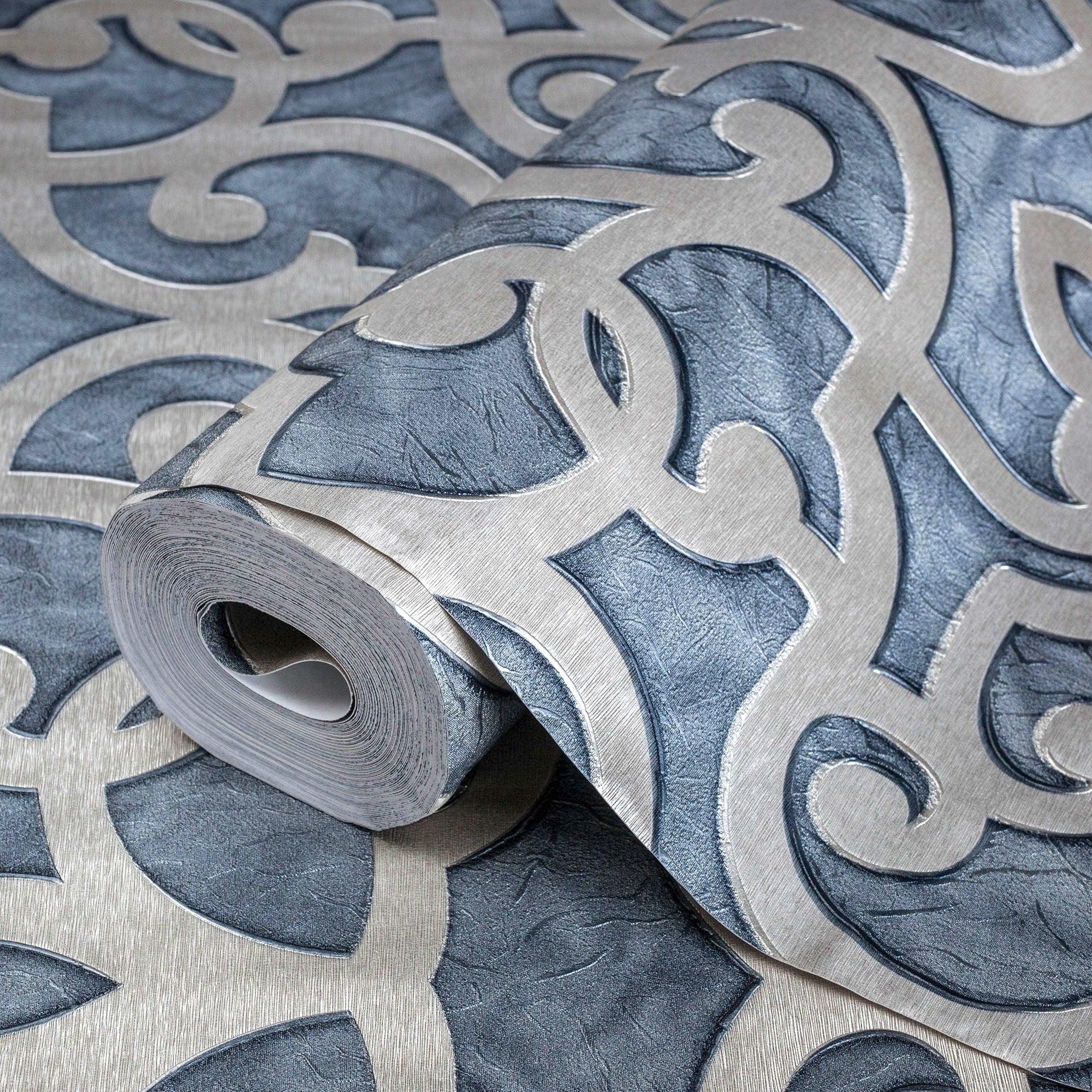 2000x2000 Adawall Wallpaper Store in Houston Blue Lace Trellis Wallpaper, Shiny Silver Gold Patterns Faded Colors Damask Design