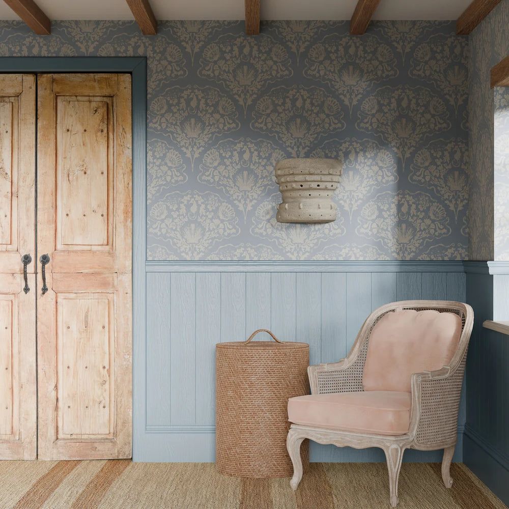 1000x1000 Lucie Annabel St. Mawes Lace Wallpaper in Pearl White on Cornflower Blue