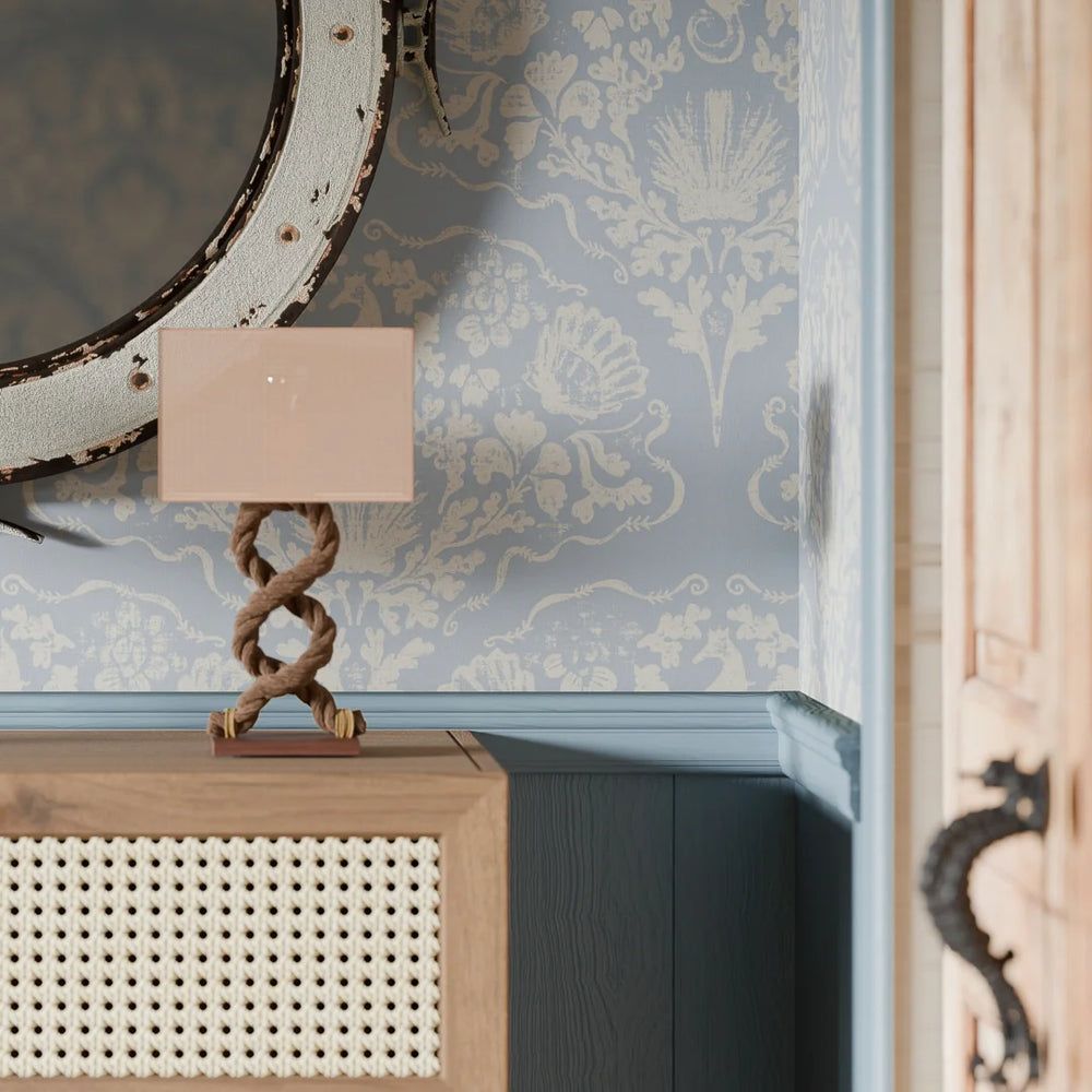 1000x1000 Lucie Annabel St. Mawes Lace Wallpaper in Pearl White on Cornflower Blue
