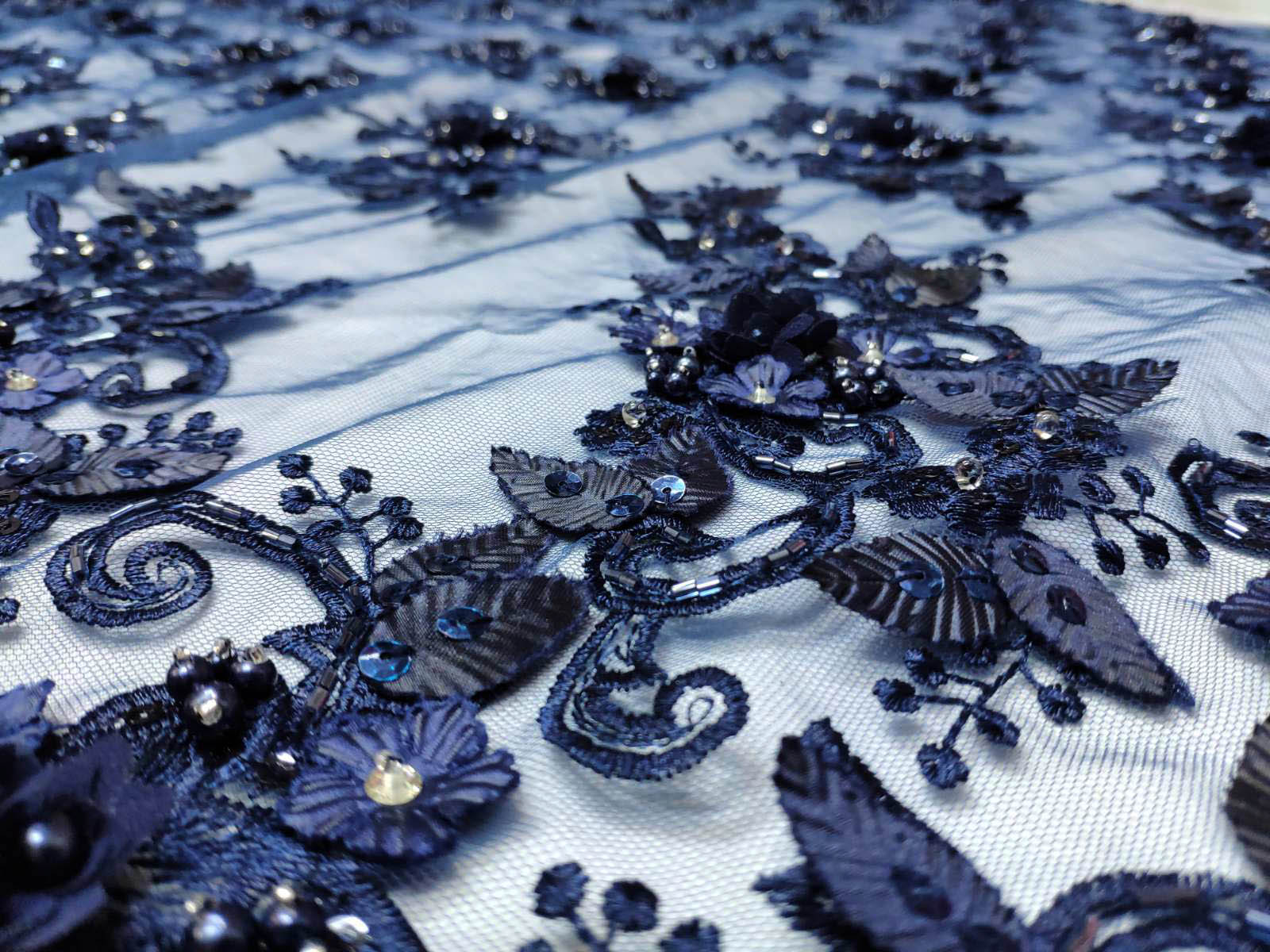1600x1200 Blue 3D flower and pearls beaded lace fabric My Fabric
