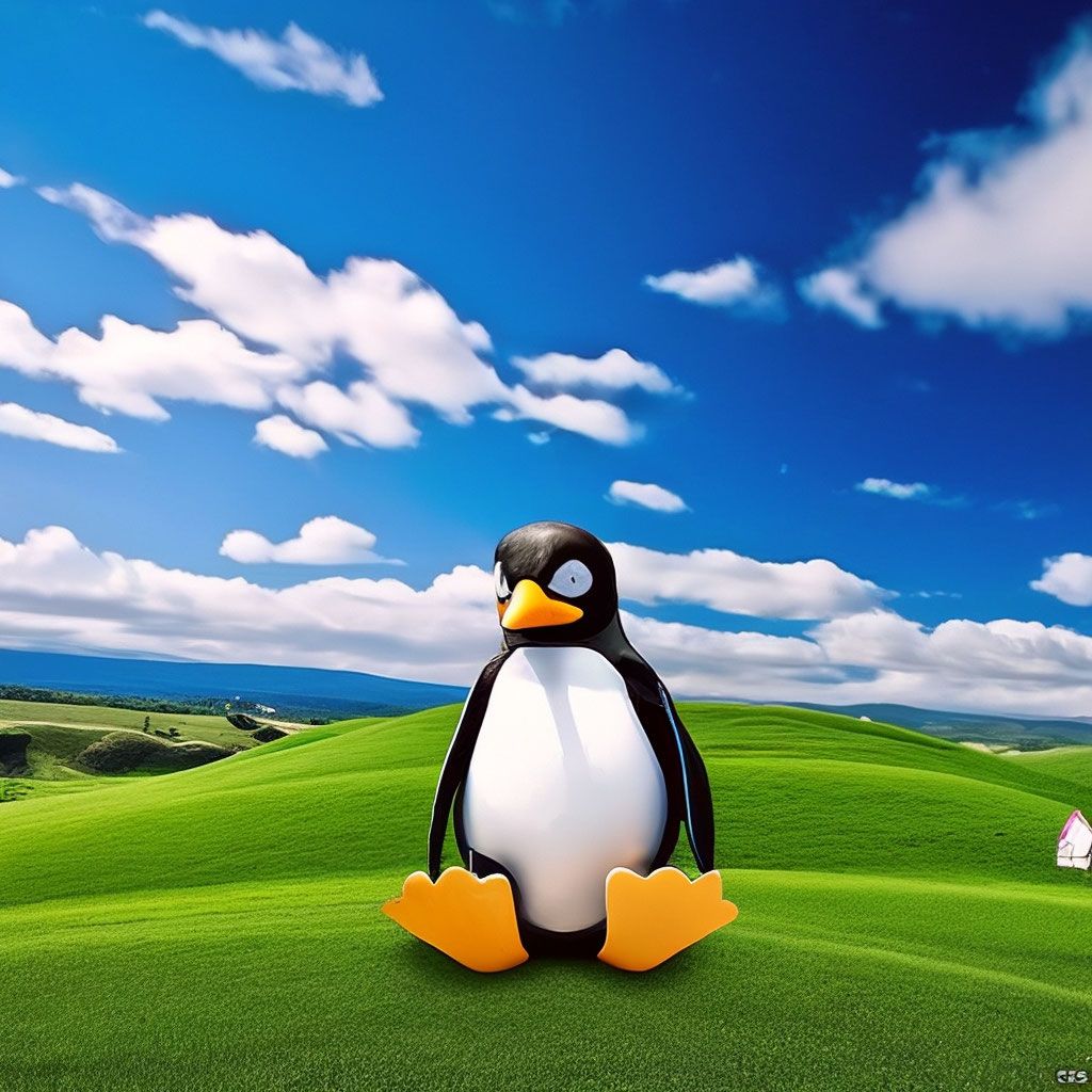 1024x1024 Linux x windows xp, penguin sits on the screensaver of old windows xp, , green