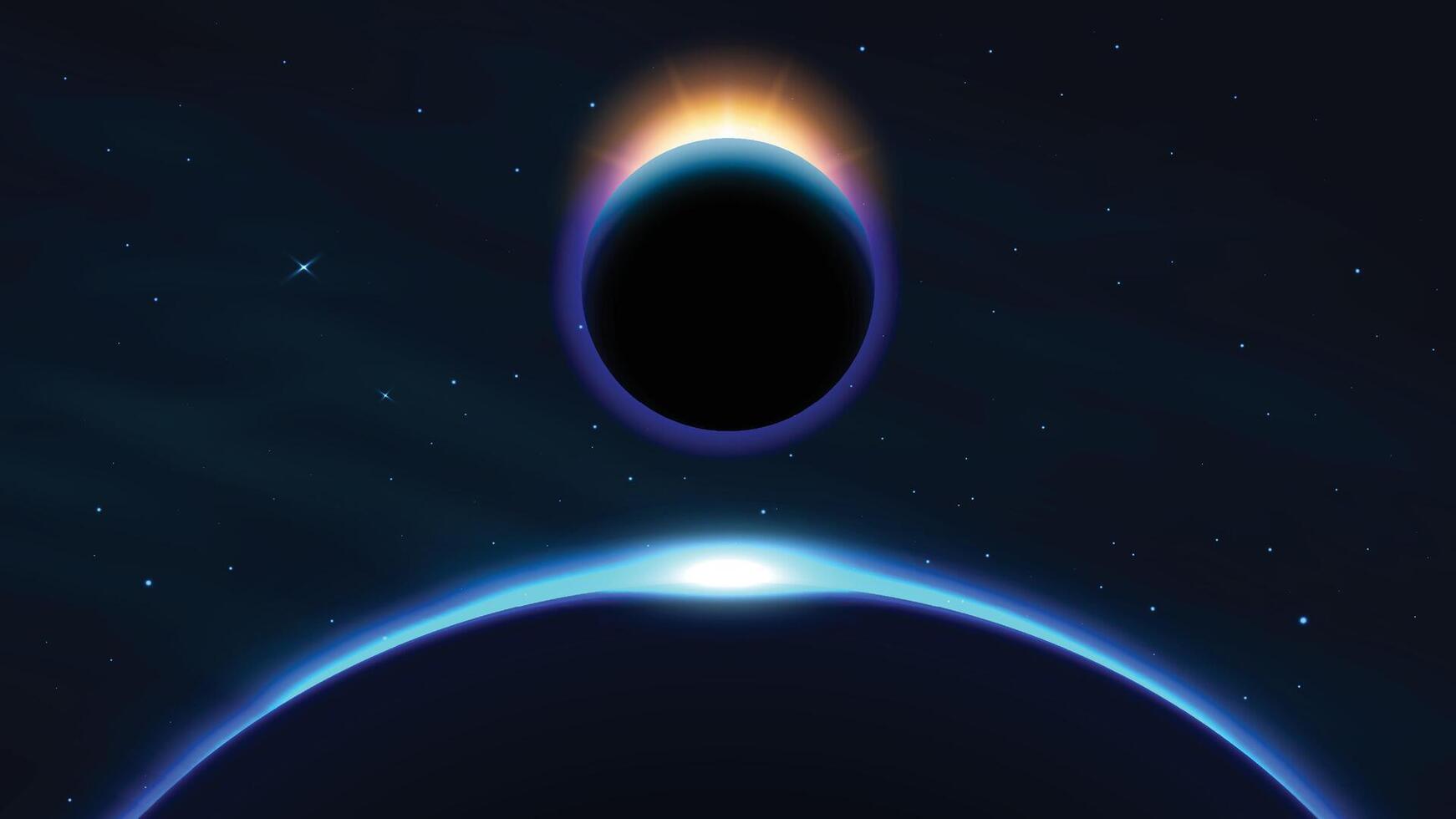 1742x980 Blue Glowing Planet Horizon in Deep Space. Abstract Solar Eclipse Light and Cosmic Background Illustration