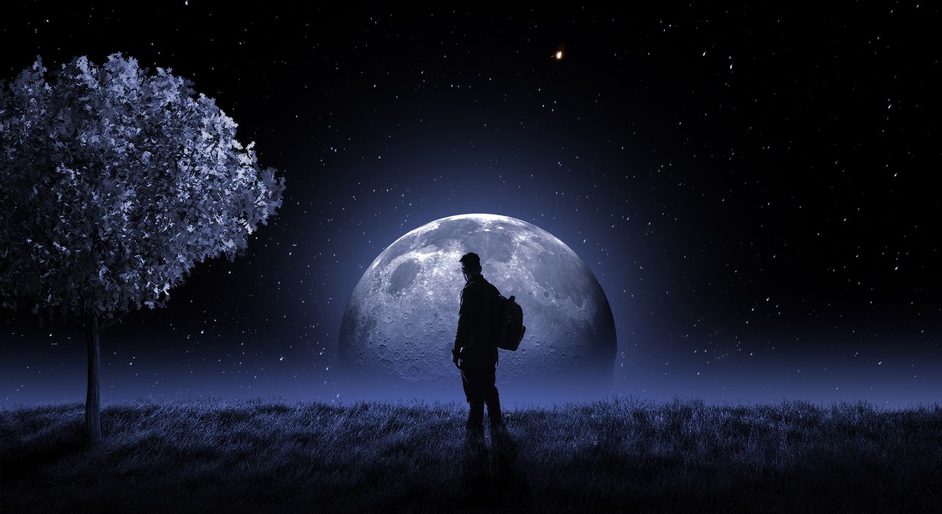 1374x750 Wallpaper Moon, Lunar Eclipse, Moonlight, Star, Full Moon, Background Free Image