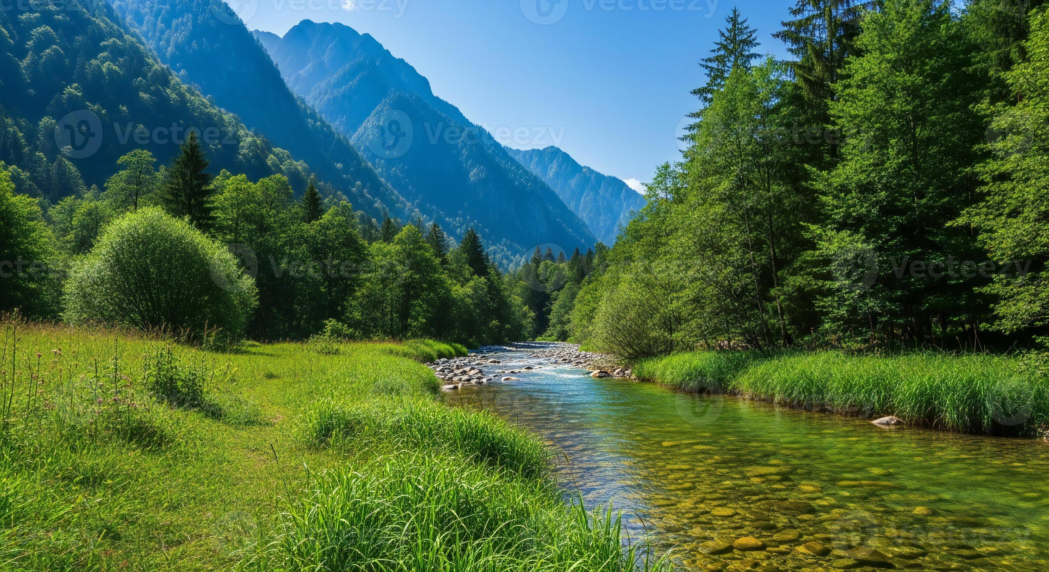 3593x1960 Nature background, Nature wallpaper, Scenic mountain stream flowing through a lush green valley with vibrant trees and clear blue sky
