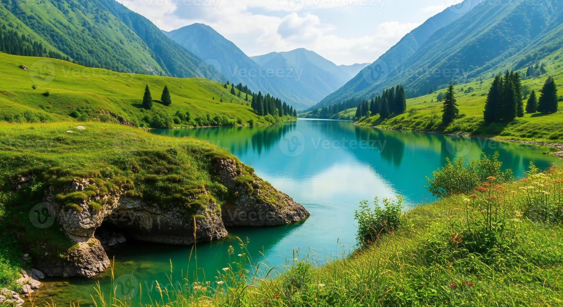 1797x980 Nature background, Nature wallpaper, A serene mountain lake reflects lush green hills and a bright blue sky creating a peaceful natural landscape