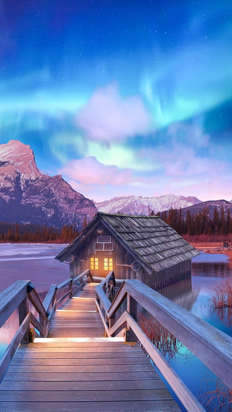 800x1423 Scenery, beautiful view, cabin, lake, mountain, nature, old, wooden path, HD phone wallpaper