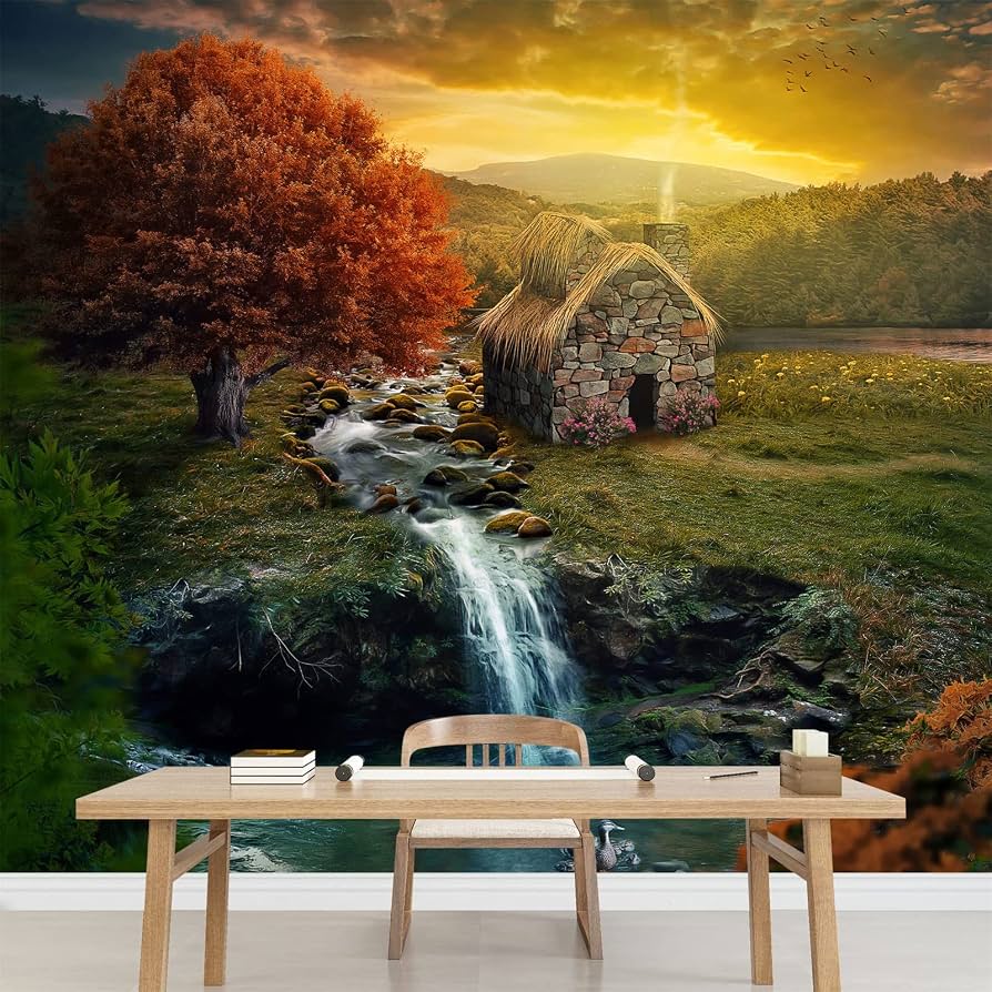 894x894 Beautiful Natural Scenery Wall Murals, Mountain Stream Lodge Large Wallpaper Mural, Modern Wall Art Decor For Bedroom, Living Room, Kids Room (Not Self Adhesive) : Tools & Home Improvement