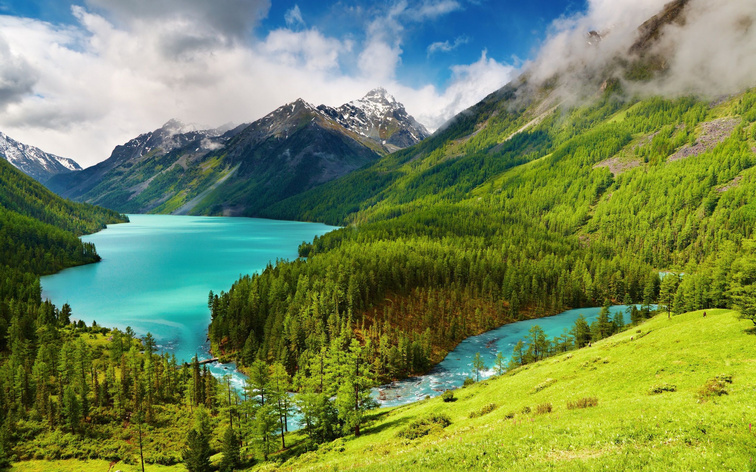 2560x1600 Wallpaper Beautiful nature scenery, green, trees, lake, river, mountains, clouds 2560x1600 Picture, Image