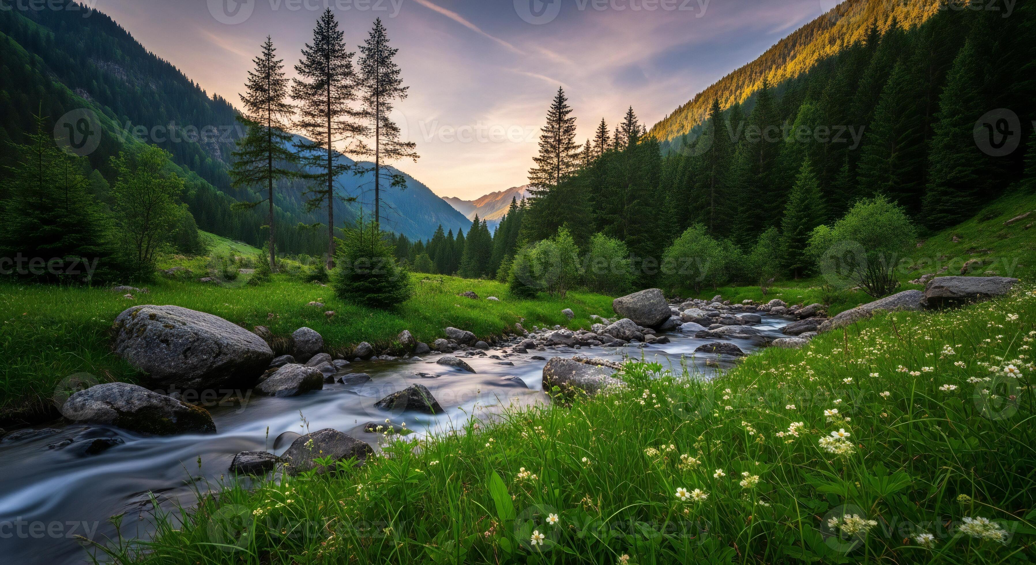 3593x1960 Nature background, Nature wallpaper, Mountain valley with a flowing river through a green meadow with trees and distant peaks at sunset