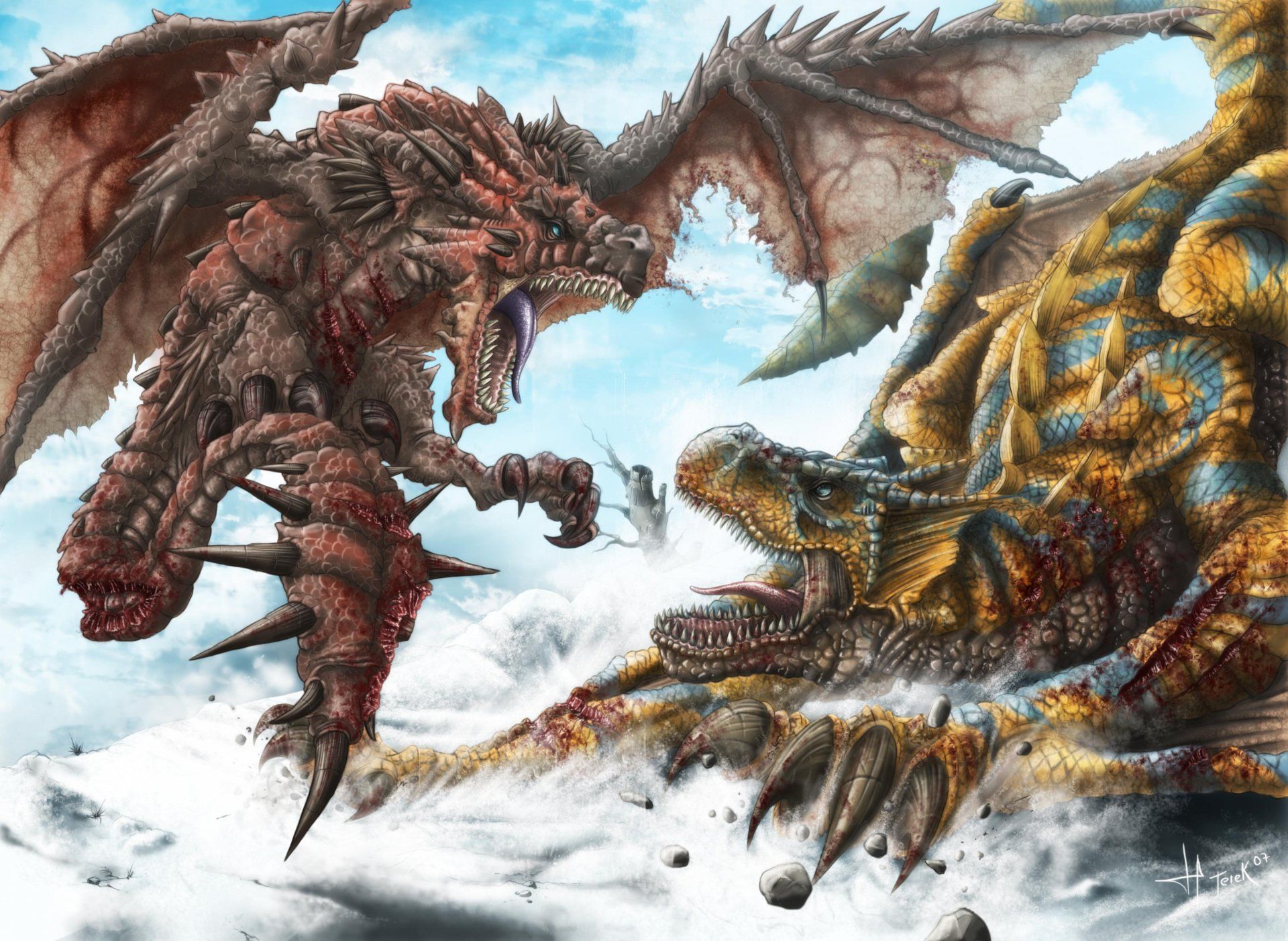 1920x1402 Epic Dragon Clash: Tigrex vs. Rathalos Wallpaper from Monster Hunter Freedom Unitex2550