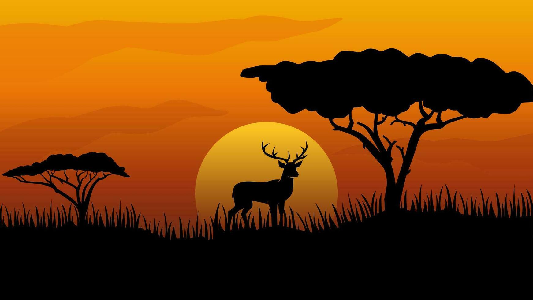 1742x980 Wildlife landscape vector illustration. Wildlife africa savanna of giraffe with african tree and sunset sky. Wildlife silhouette landscape for background, wallpaper, display or landing page