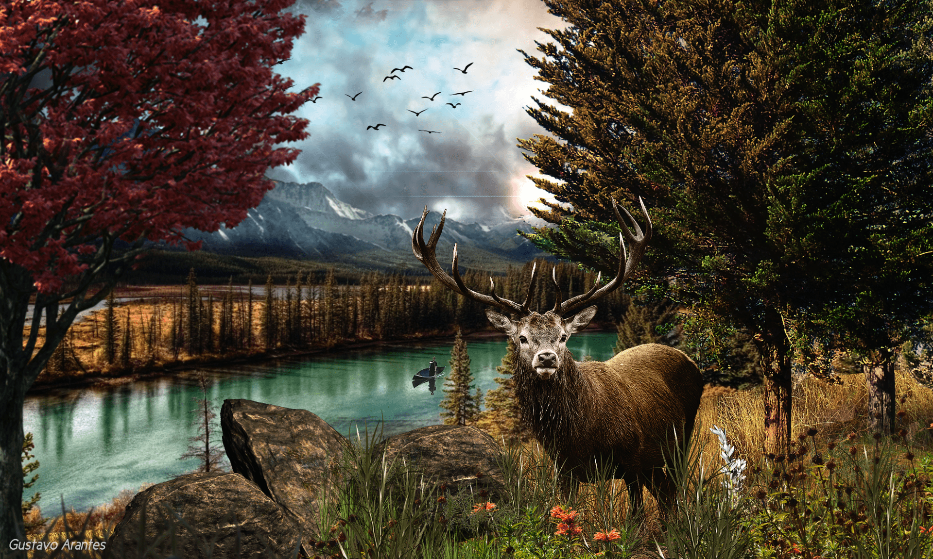 1920x1152 Majestic Deer in Mountain Forest HD Wallpaper: Serene Wildlife Landscape