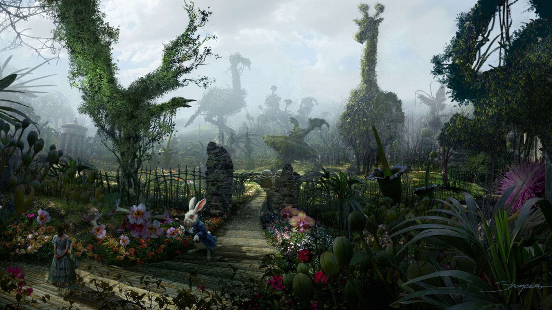1920x1080 Desktop wallpaper: Alice In Wonderland (2010), Movie, Fantasy, Garden, Nivens Mctwisp, White Rabbit (Alice In Wonderland) 4K free download for PC. 734575