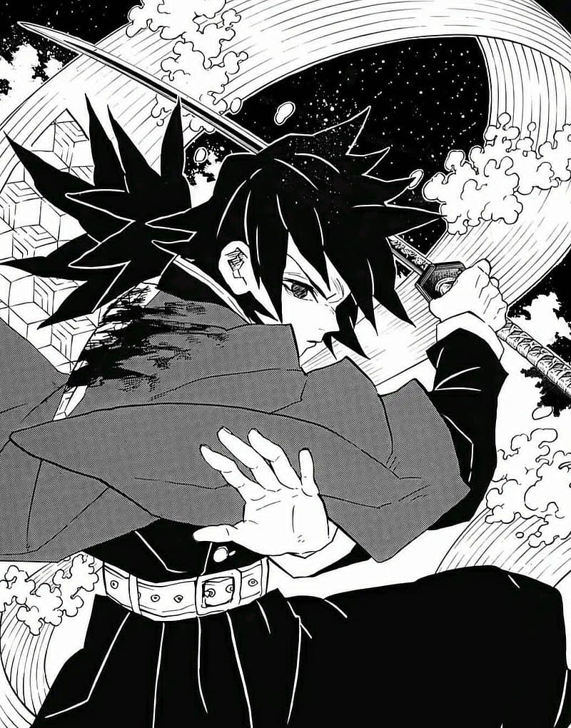 800x1020 Giyu, anime, black, black and white, demon slayer, kimetsu no yaiba, manga, shounen, HD phone wallpaper