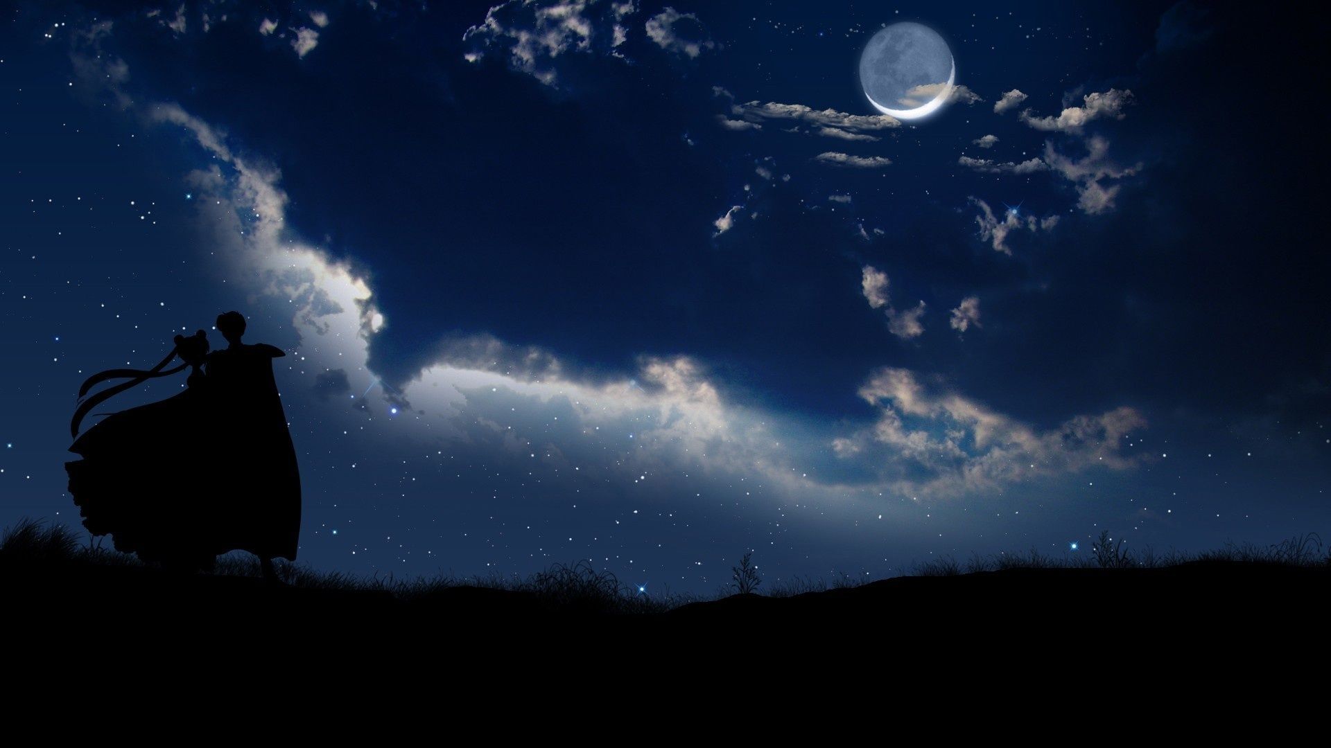 1920x1080 Wallpaper Bishoujo Senshi Sailor Moon, silhouette, clouds, stars, princess serenity, girl, night, the moon for mobile and desktop, section аниме, resolution 1920x1080