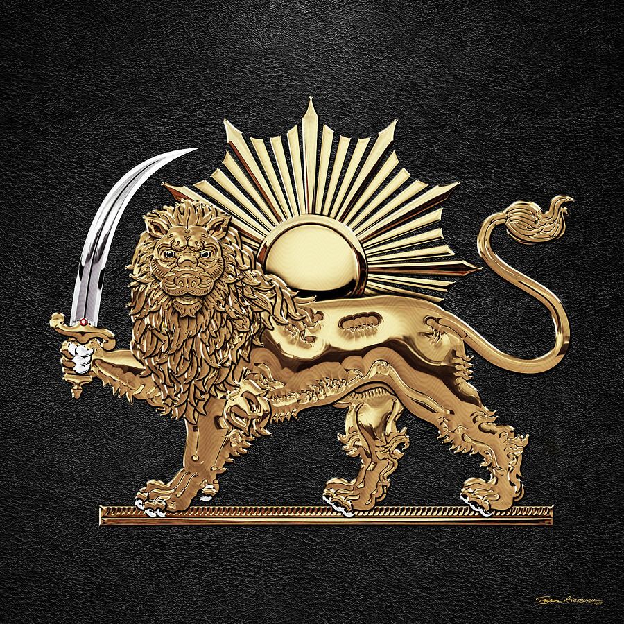 900x900 Gold Persian Lion and Sun over Black Leather Digital Art