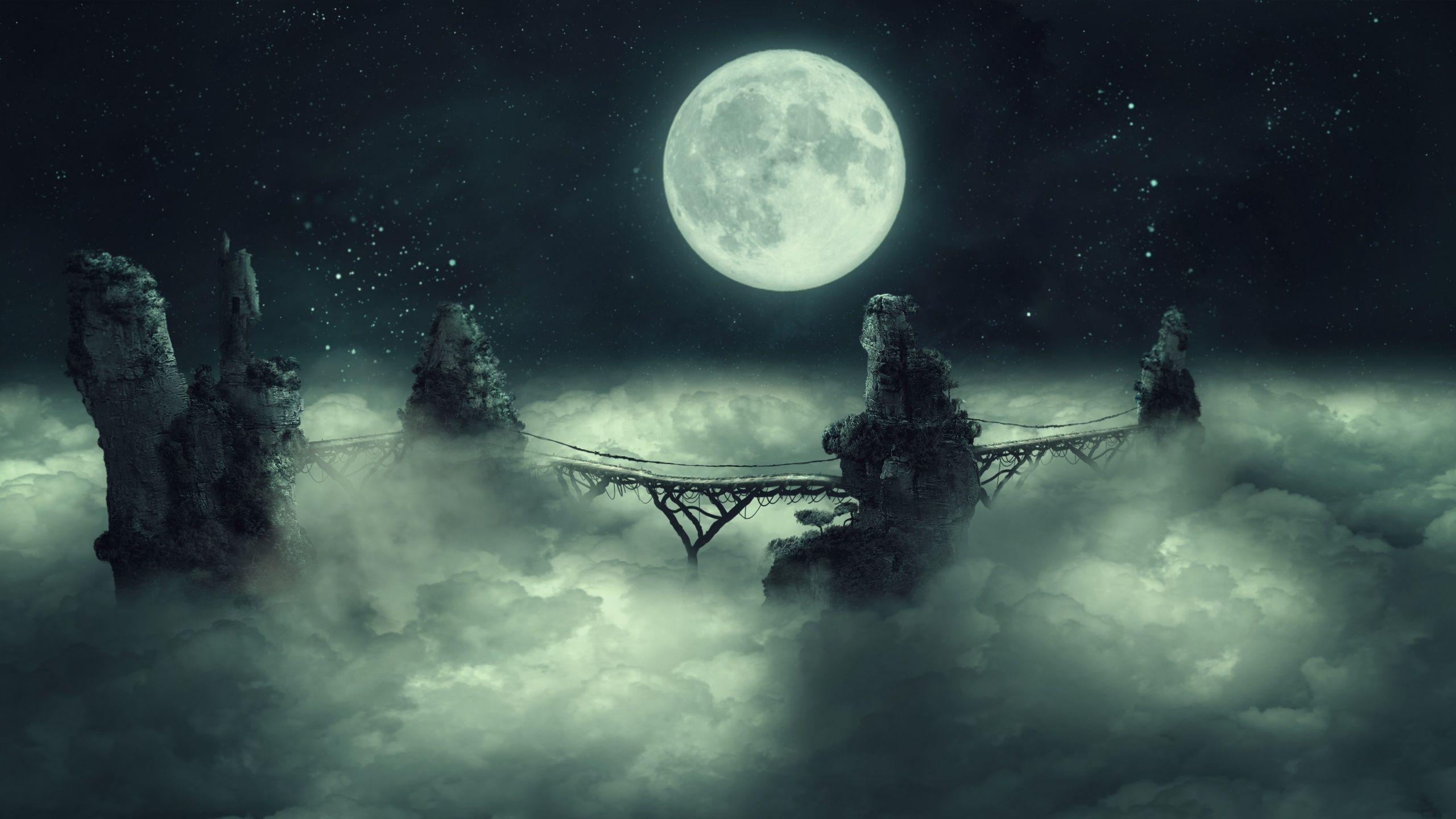 2560x1440 Full moon Wallpaper 4K, Dark Sky, Clouds, Bridge