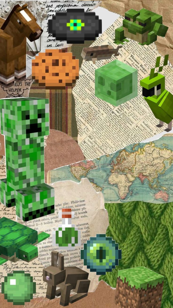 736x1308 Collage of Minecraft Creepers and Vintage Items on Map. Diy minecraft craft projects, Green and