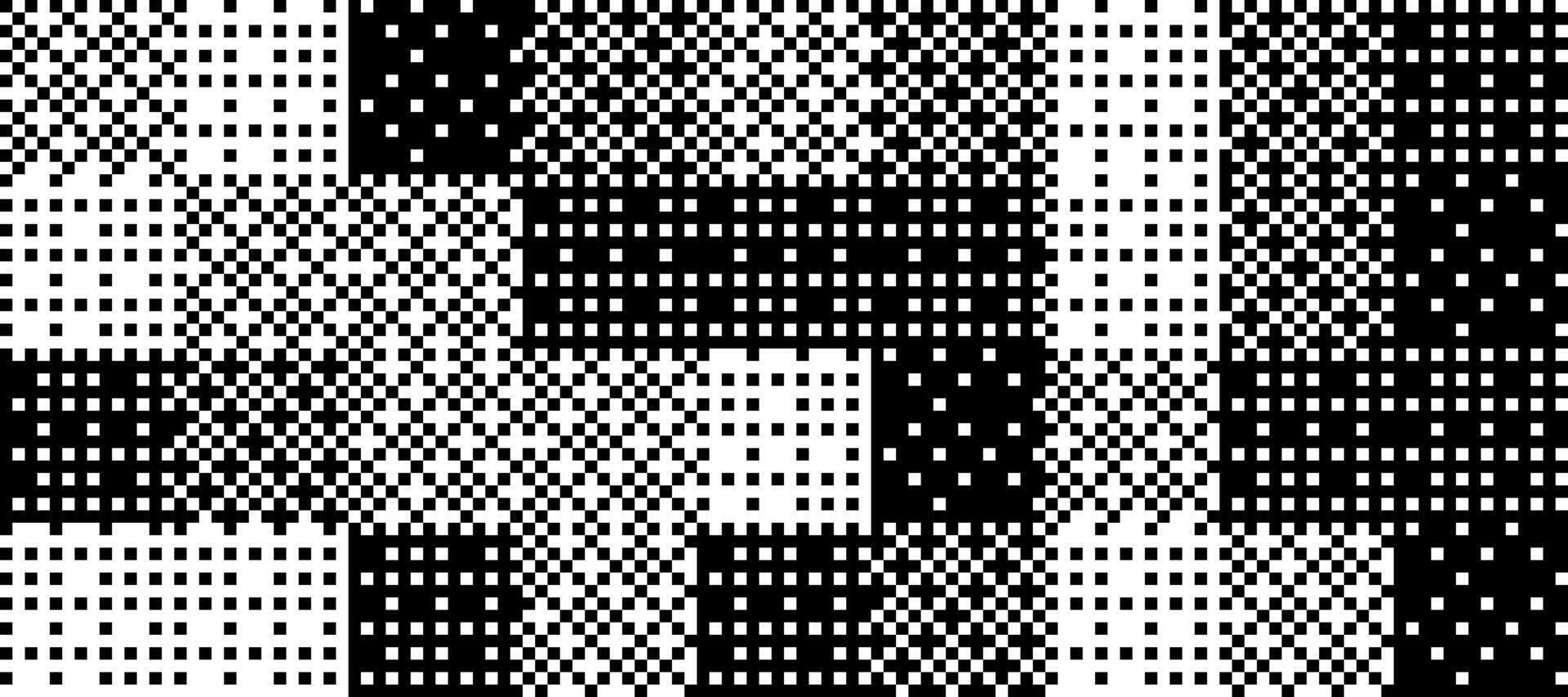 1920x853 Pixelated bitmap pattern texture. Black checkered dither wallpaper. Abstract 8 bit screen pattern. Arcade game background. Retro pixel art raster backdrop. Glitchy distorted overlay