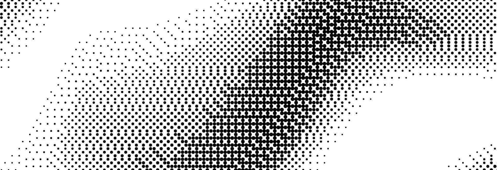 1920x658 Black and white pixelated bitmap wave gradient. Dither spots background texture. 8 bit game screen wallpaper. Retro glitchy pixel art illustration. Abstract wavy dithering border overlay