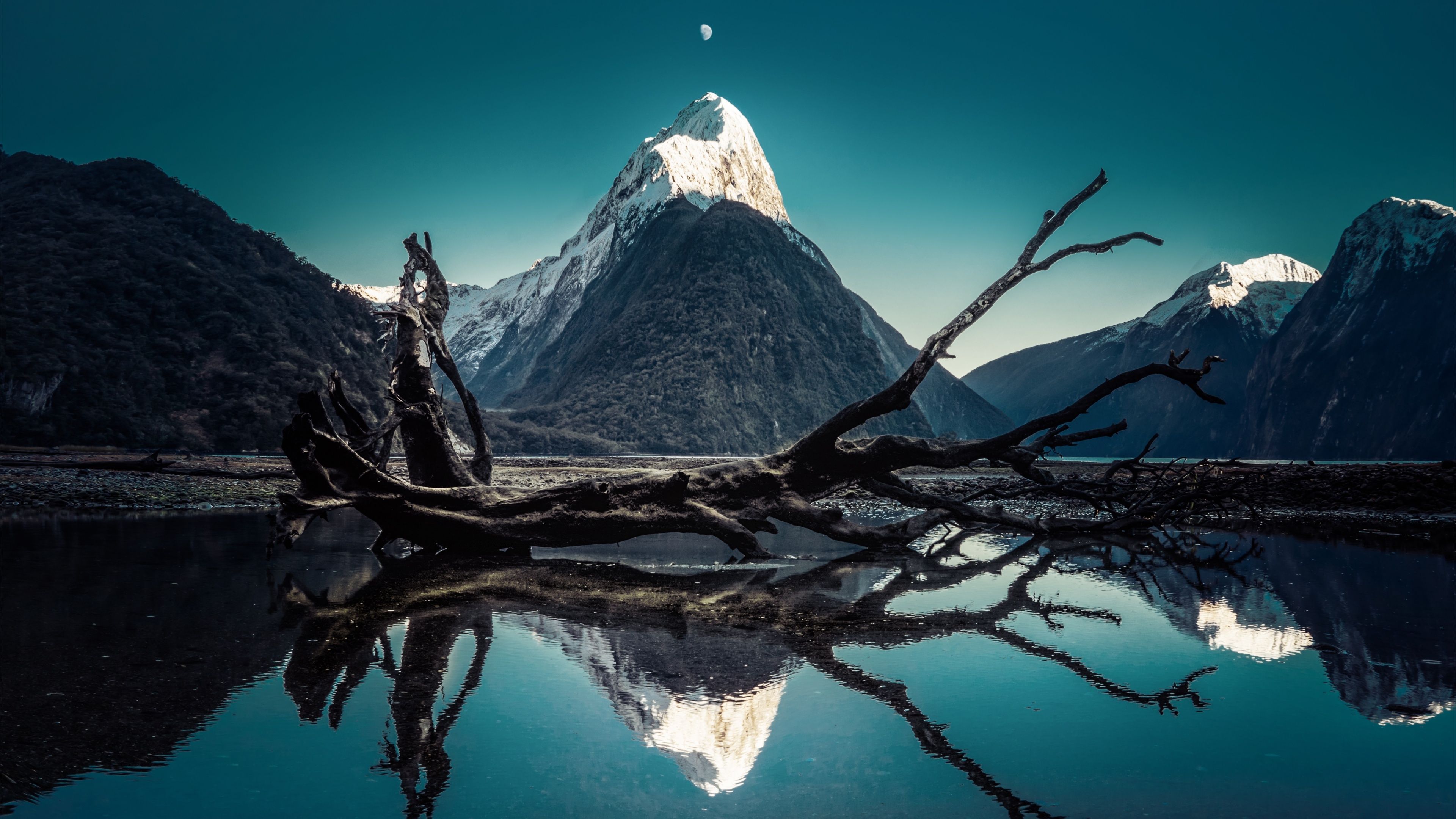 3840x2160 Mitre Peak Wallpaper 4K, Moon, New Zealand, Milford Sound