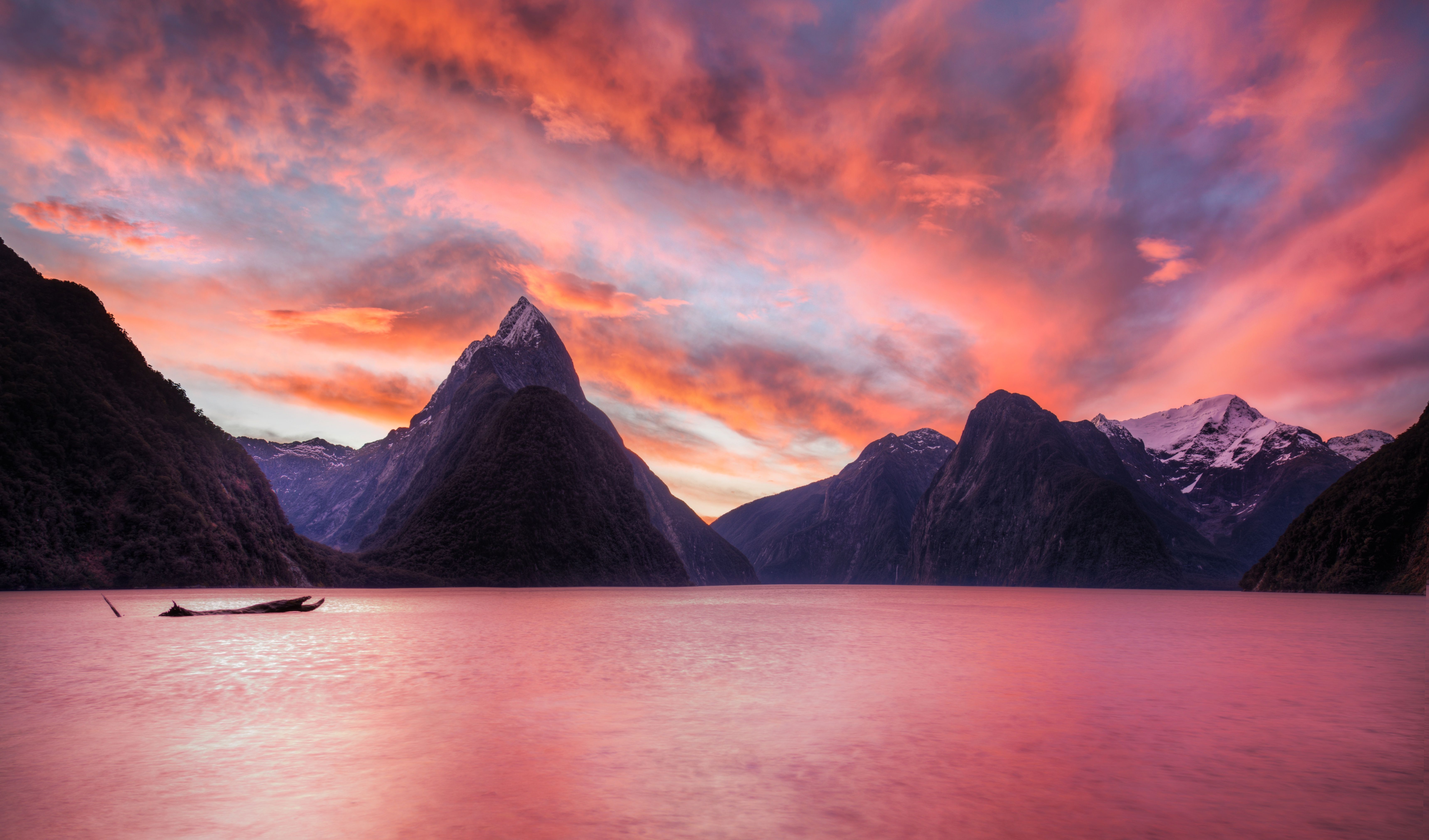 6877x4044 Phone wallpaper: Landscape, Sky, New Zealand, Nature, Fjord, Sunset, Milford Sound, Mitre Peak, Earth, Cloud, Driftwood, Mountain 673311