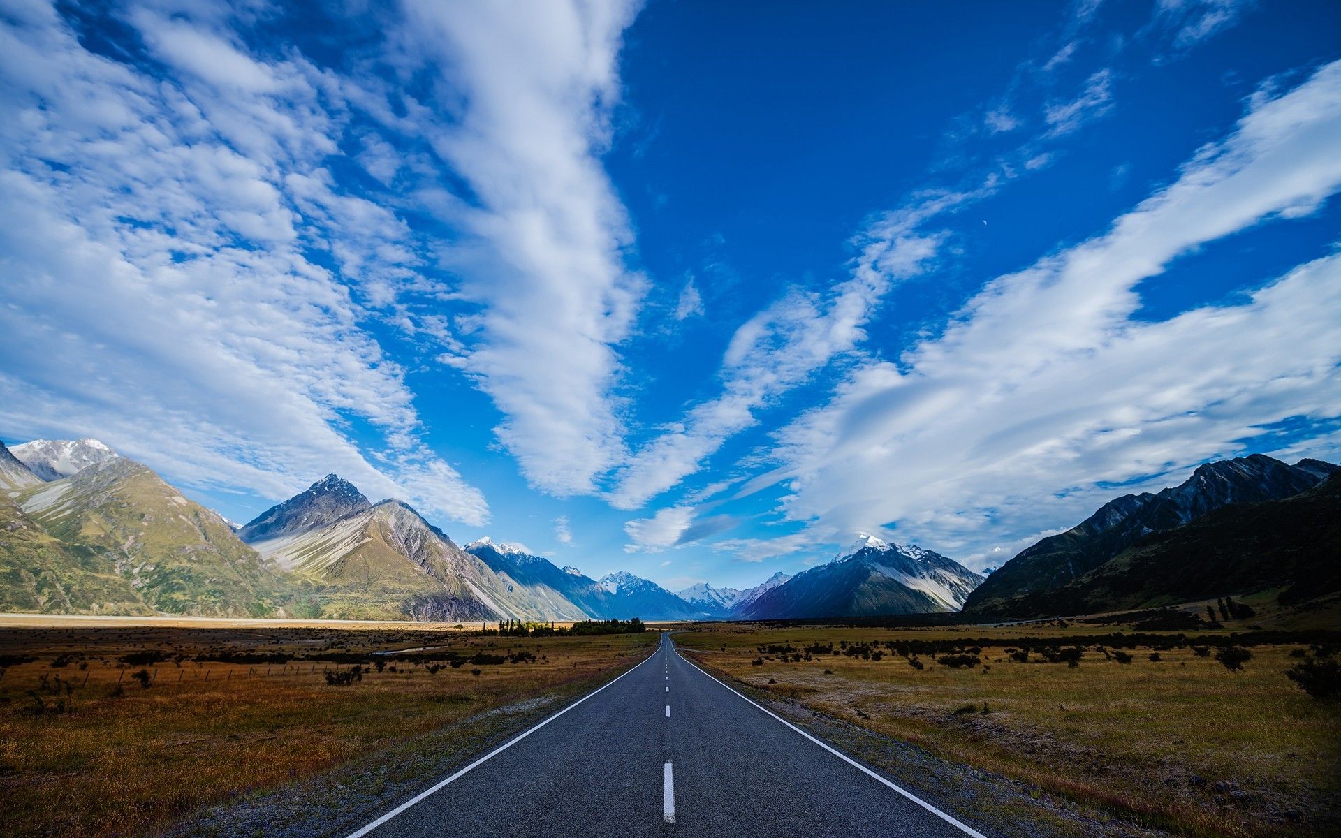 1920x1200 nature, Landscape, Mountains, Road, Clouds, Trees, Snowy Peak, Hills, Grass, Field, New Zealand Wallpaper HD / Desktop and Mobile Background