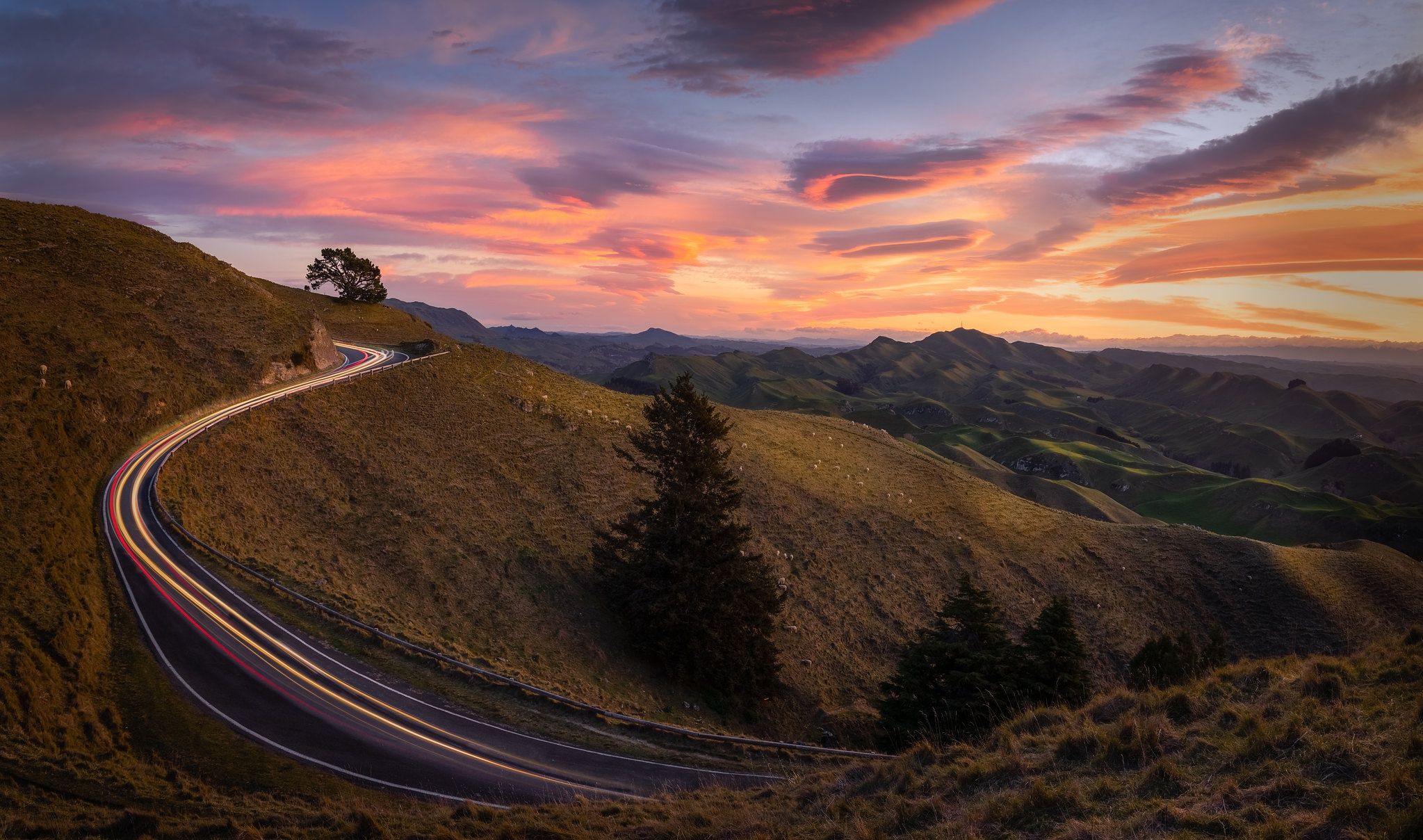 2047x1208 Wallpaper Hawke's Bay, mountains, road, New Zealand, Hawke's Bay, New Zealand, hills, sunset for mobile and desktop, section пейзажи, resolution 2047x1208
