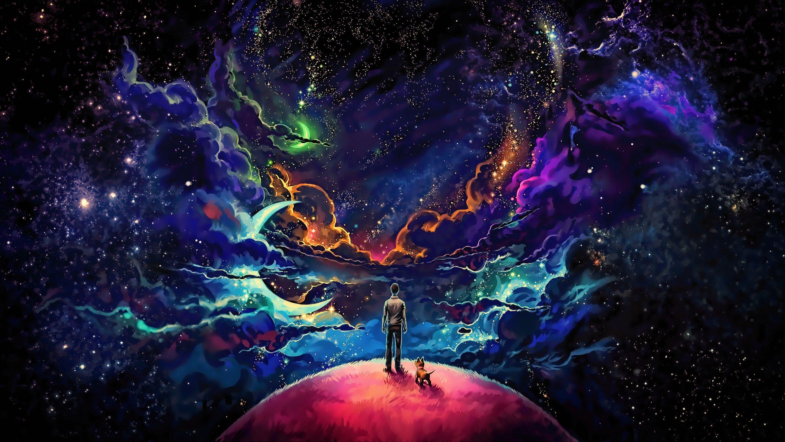 2560x1440 Download Man and dog, fantasy, space .