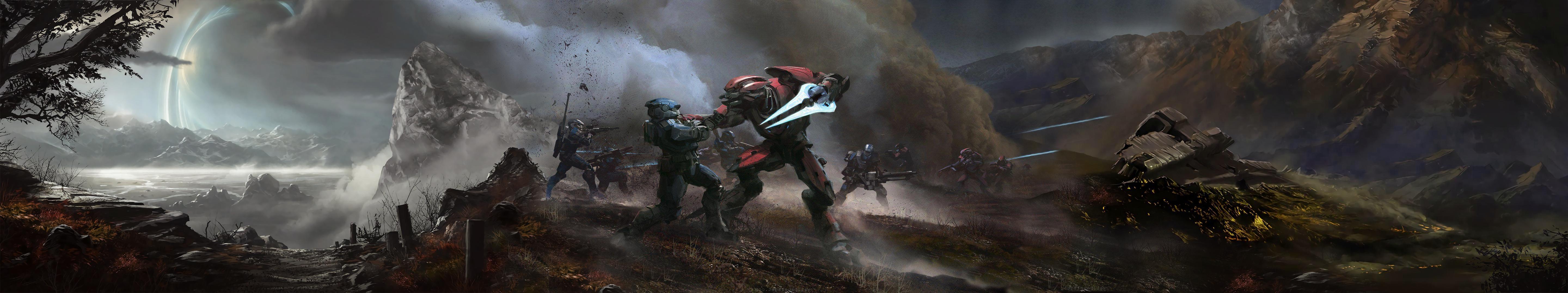 5760x1080 Tried my hand at stitching together two Halo: Reach background to create a double monitor (3840x1080p) wallpaper