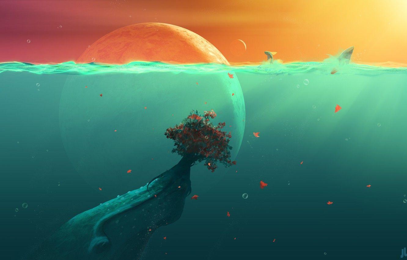 1332x850 Wallpaper leaves, water, fish, bubbles .