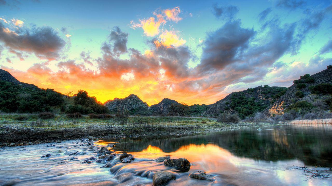 1280x720 Wallpaper landscape, usa, river, sky .