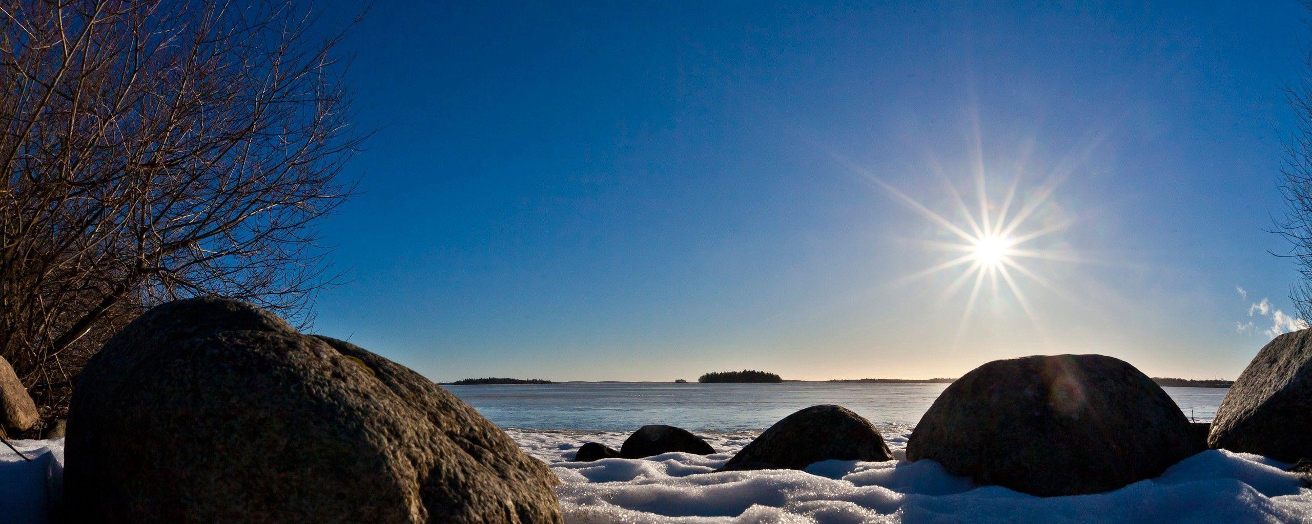 2560x1024 Beach Rocks Snow HD Wallpaper .