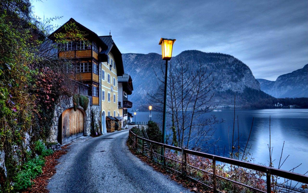 1280x800 Mountains: Road Leaves View Lake Path Houses Splendor Peaceful Fall
