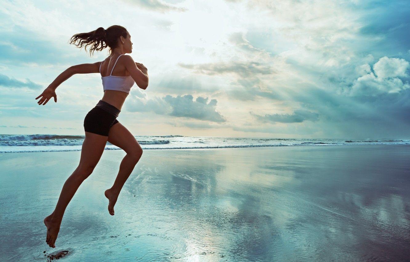 1332x850 Wallpaper beach, train, woman run .