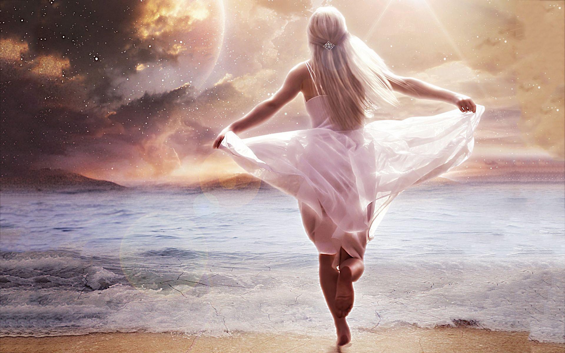 1920x1200 Girl beach run art