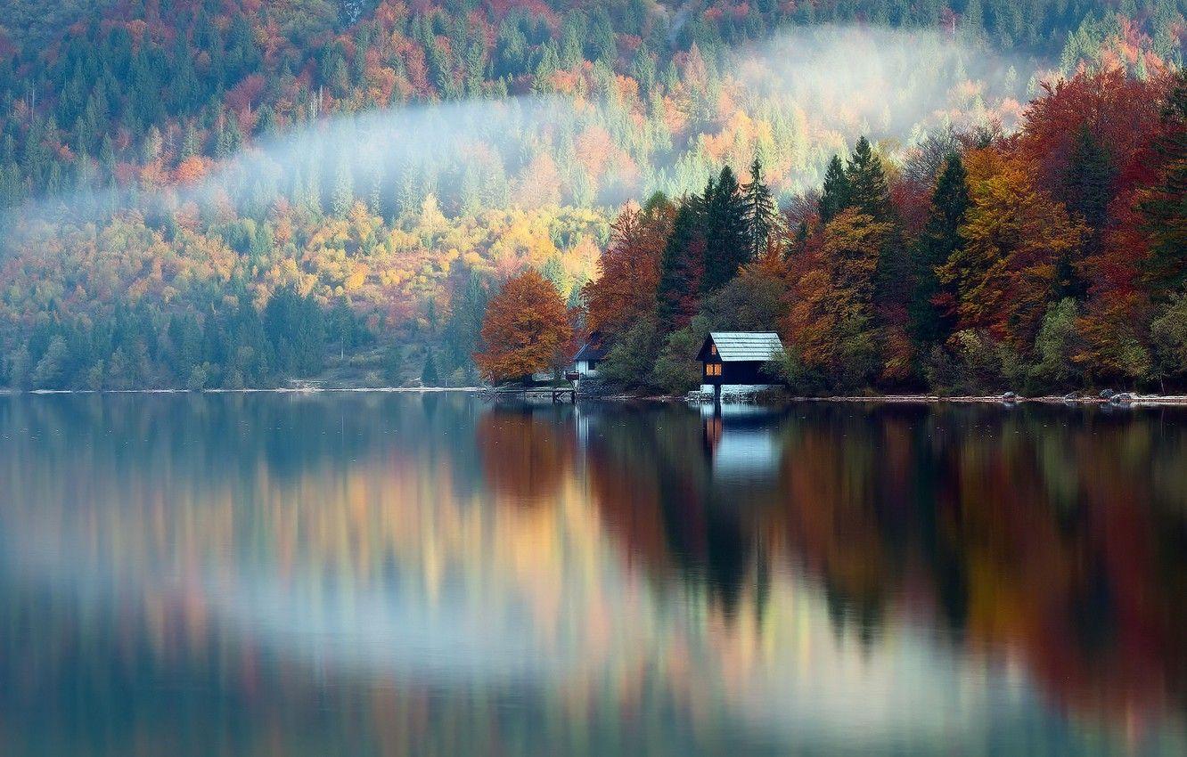 1332x850 Wallpaper autumn, forest, reflection, lake, house, Slovenia, October image for desktop, section природа
