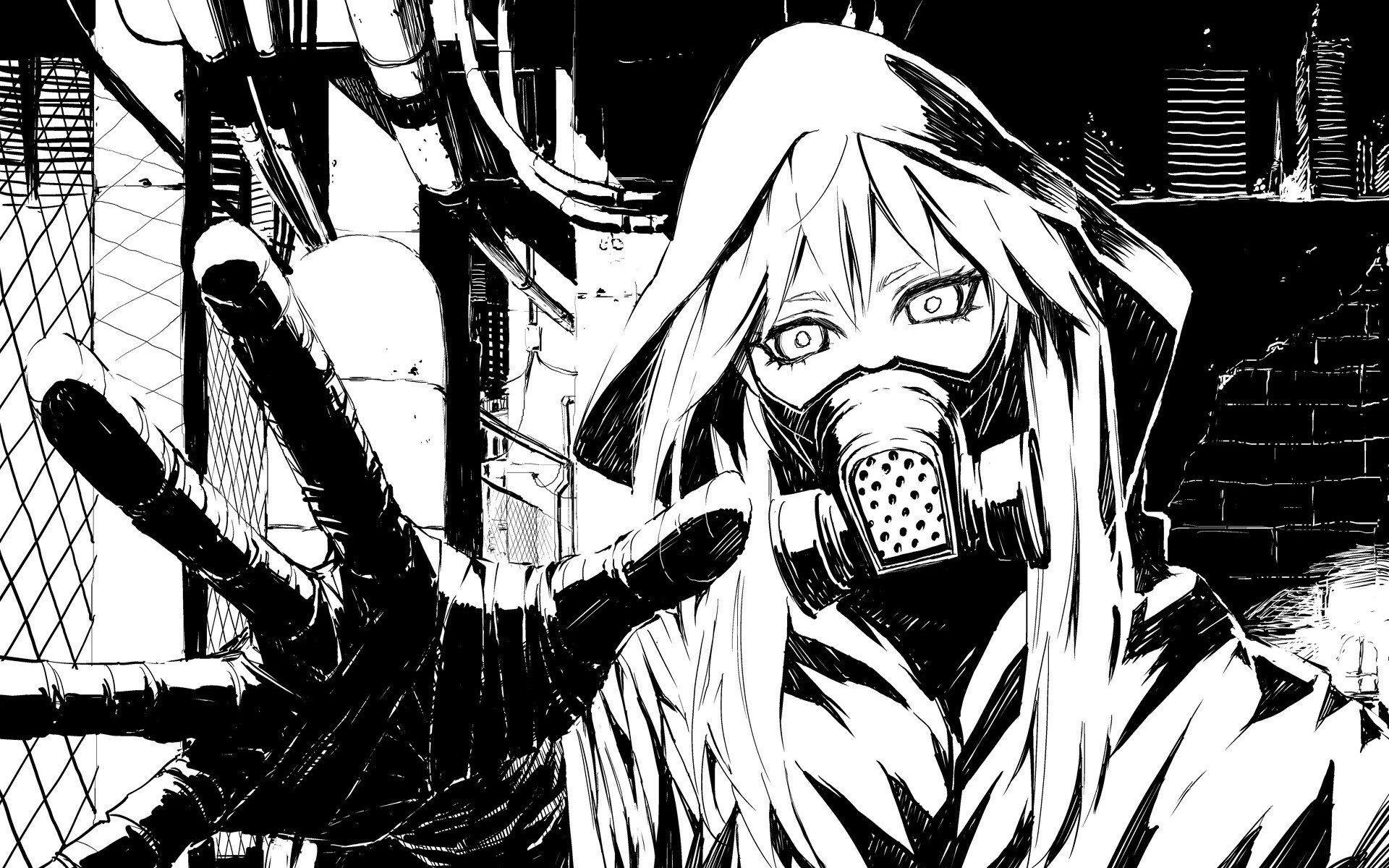 1920x1200 Desktop Black And White Vocaloid Gas Masks Drawings Anime With