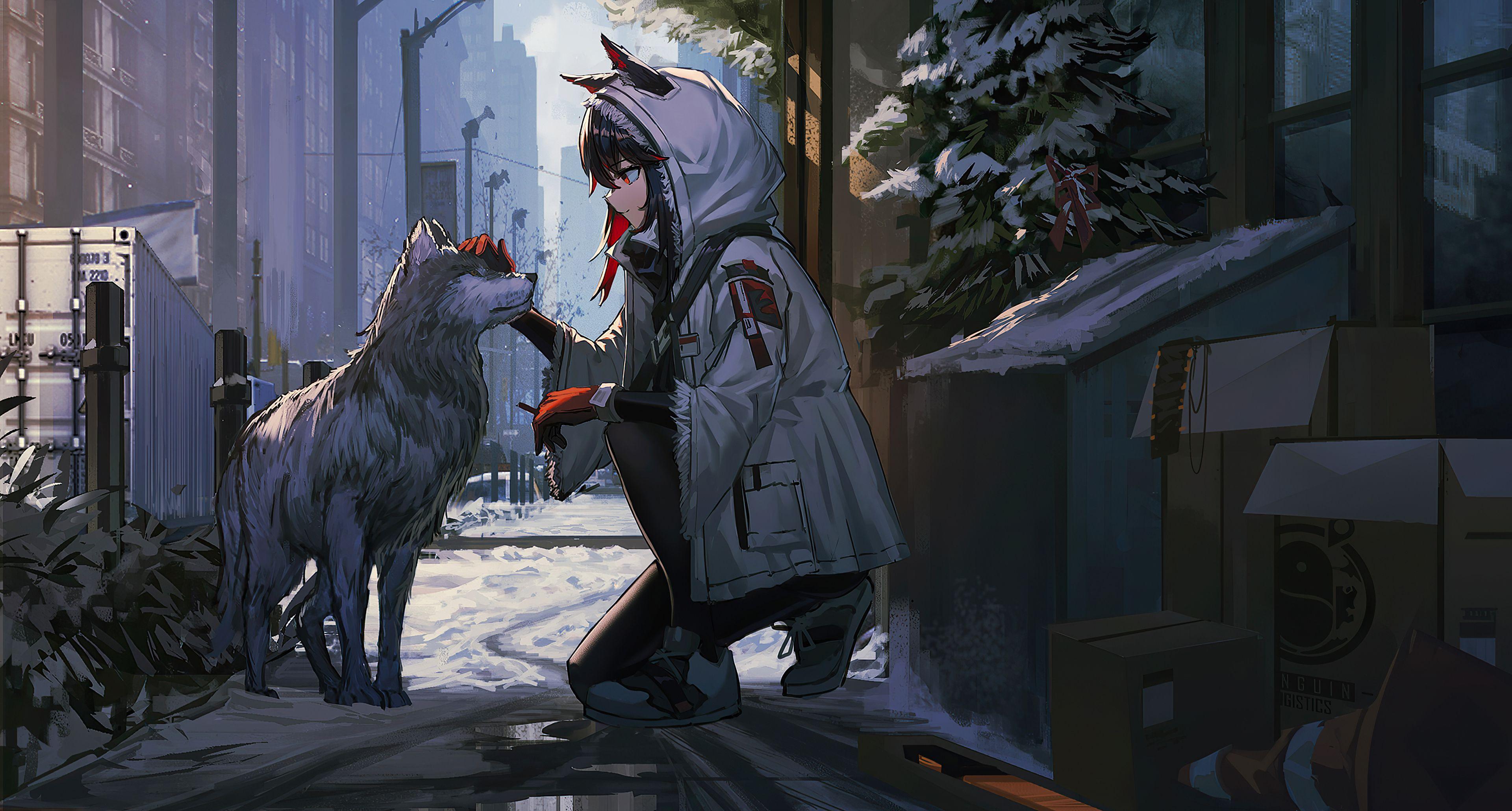3840x2061 Anime Girl Petting Dog, HD Anime, 4k Wallpaper, Image, Background, Photo and Picture