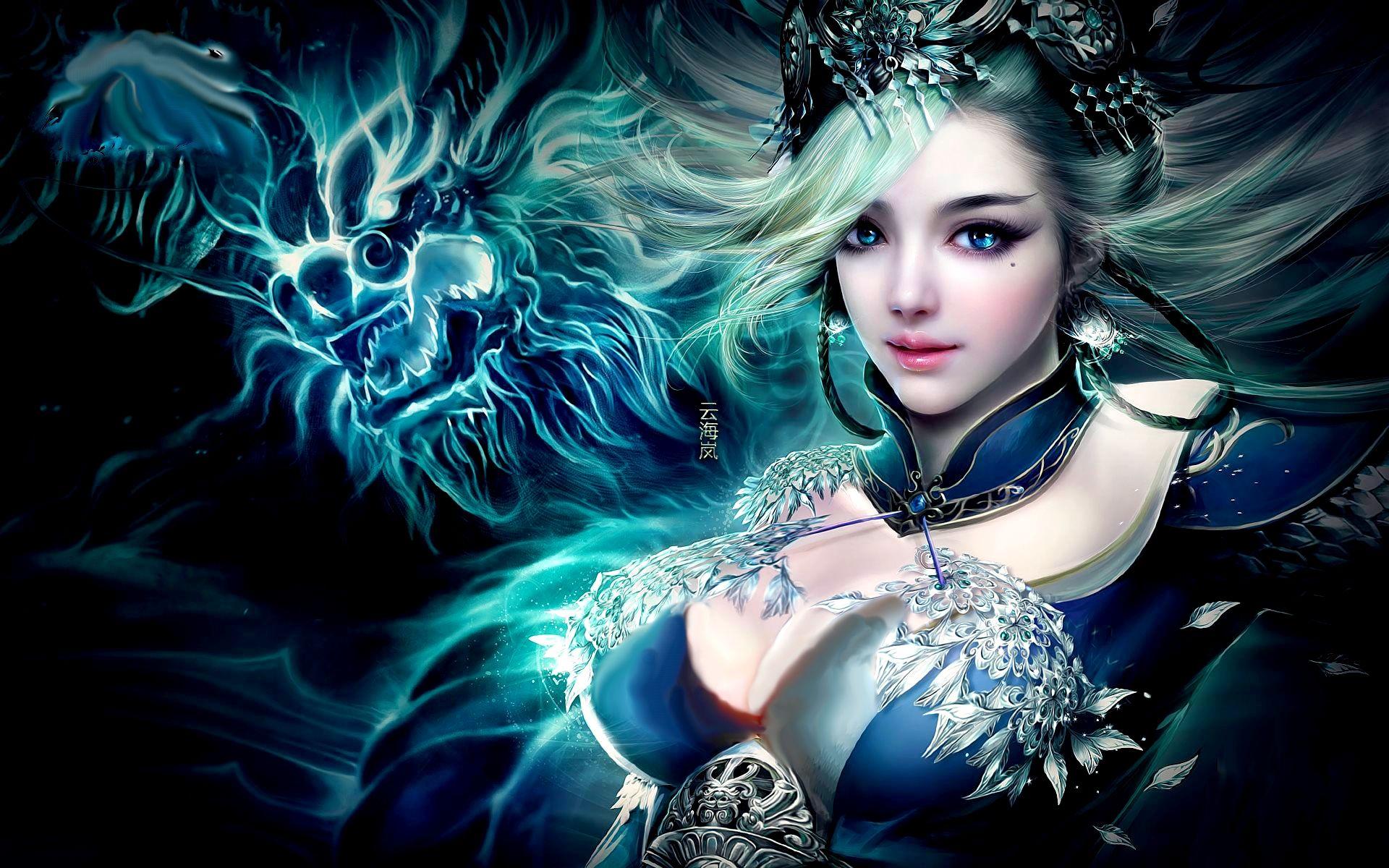 1920x1200 Fantasy Dragon And White Girl .