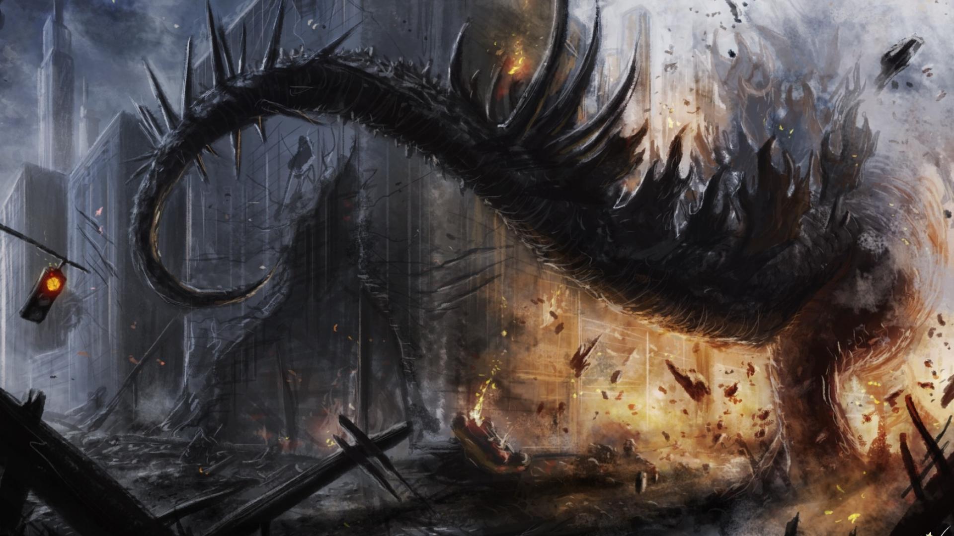 1920x1080 Paintings ruins fire dinosaurs fantasy .
