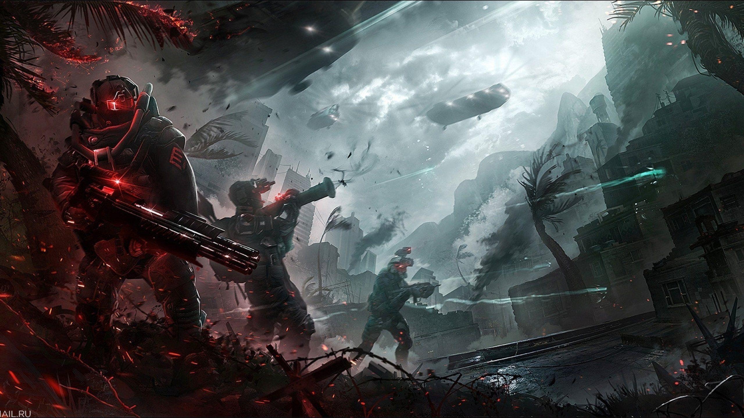 2560x1440 sci fi, Battle, Fighting, War, Art .